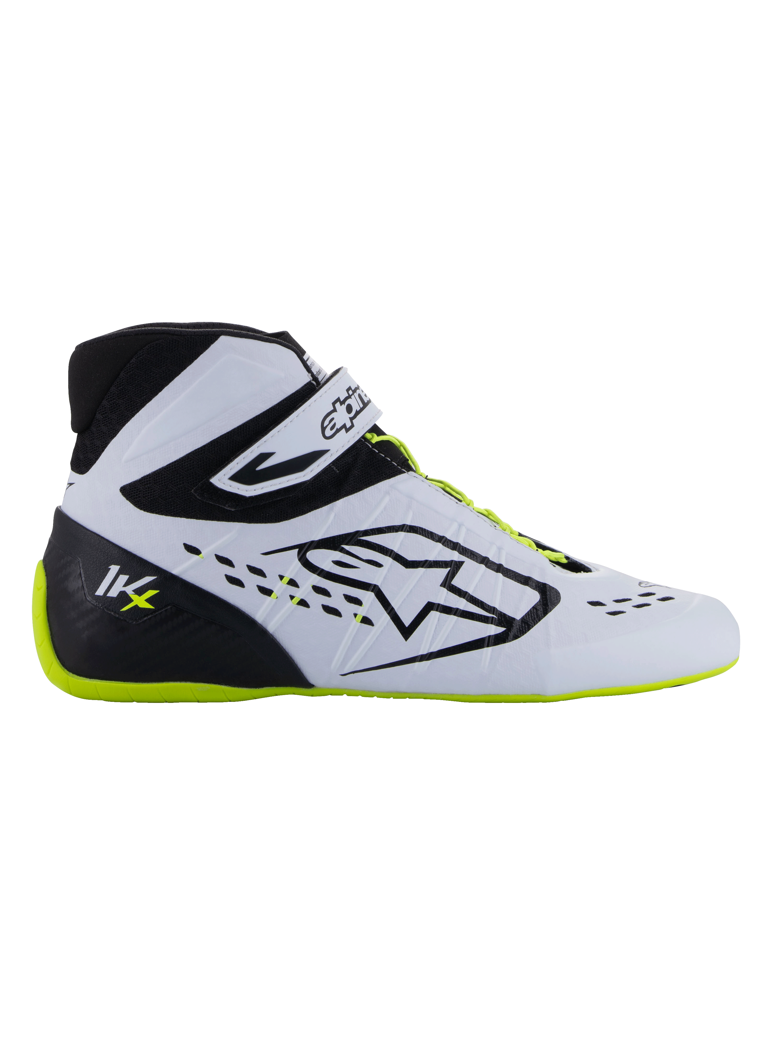 Alpinestars Tech-1 KX V3 sko - FIA, kartingsko, sort, hvid og fluorescerende gul, slank sideprofil med hvid termosvejset overdel, sort hælkappe med KX-logo, fluorescerende gul sål og snørebånd, professionelt motorsportdesign til karting