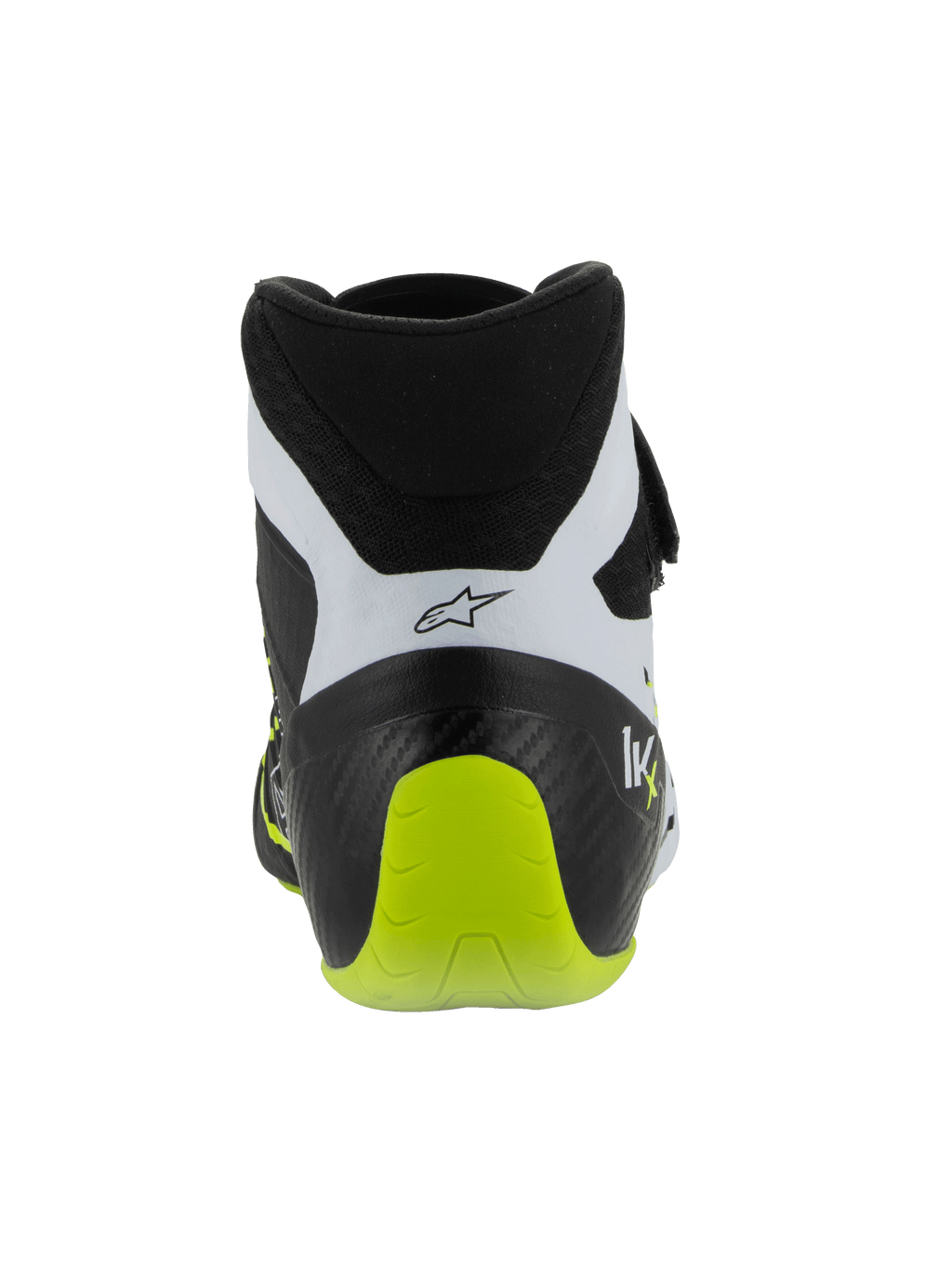 Alpinestars Tech-1 KX V3 sko, FIA-certificerede kartingsko, sort, hvid og neongul, set bagfra med den forstærkede hæl i ét stykke, klar neongul detalje, hvide paneler med sort logo, teknisk motorsport-fodtøj til banebrug.