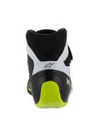 Alpinestars Tech-1 KX V3 sko, FIA-certificerede kartingsko, sort, hvid og neongul, set bagfra med den forstærkede hæl i ét stykke, klar neongul detalje, hvide paneler med sort logo, teknisk motorsport-fodtøj til banebrug.