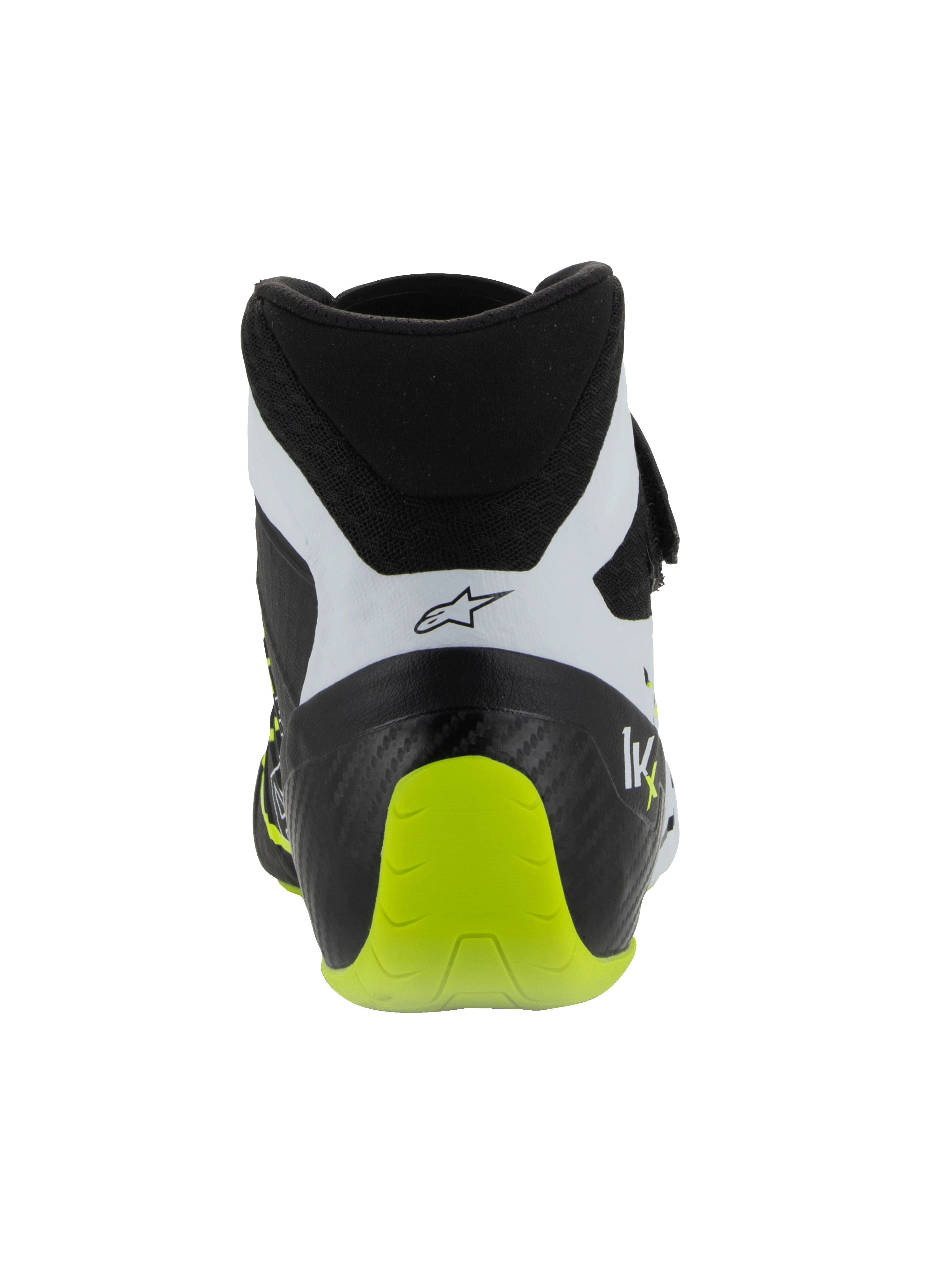 Alpinestars Tech-1 KX V3 sko, FIA-certificerede kartingsko, sort, hvid og neongul, set bagfra med den forstærkede hæl i ét stykke, klar neongul detalje, hvide paneler med sort logo, teknisk motorsport-fodtøj til banebrug.