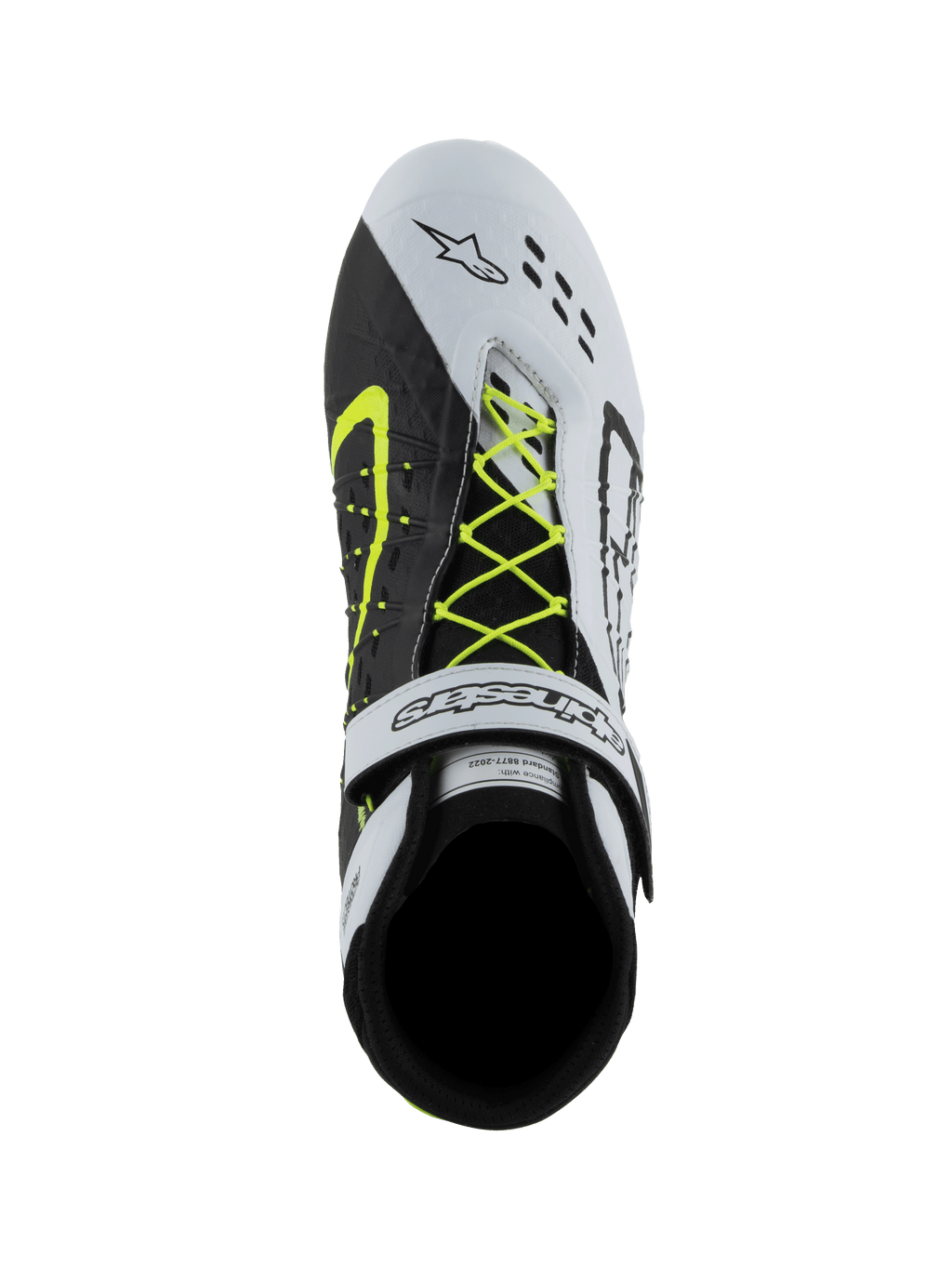 Alpinestars Tech-1 KX V3 sko, FIA karting-sko, sort hvid og gul fluo, set ovenfra viser asymmetrisk neon-gult snøresystem, hvid ankelrem med velcro og laser-skårne perforeringer på tåen