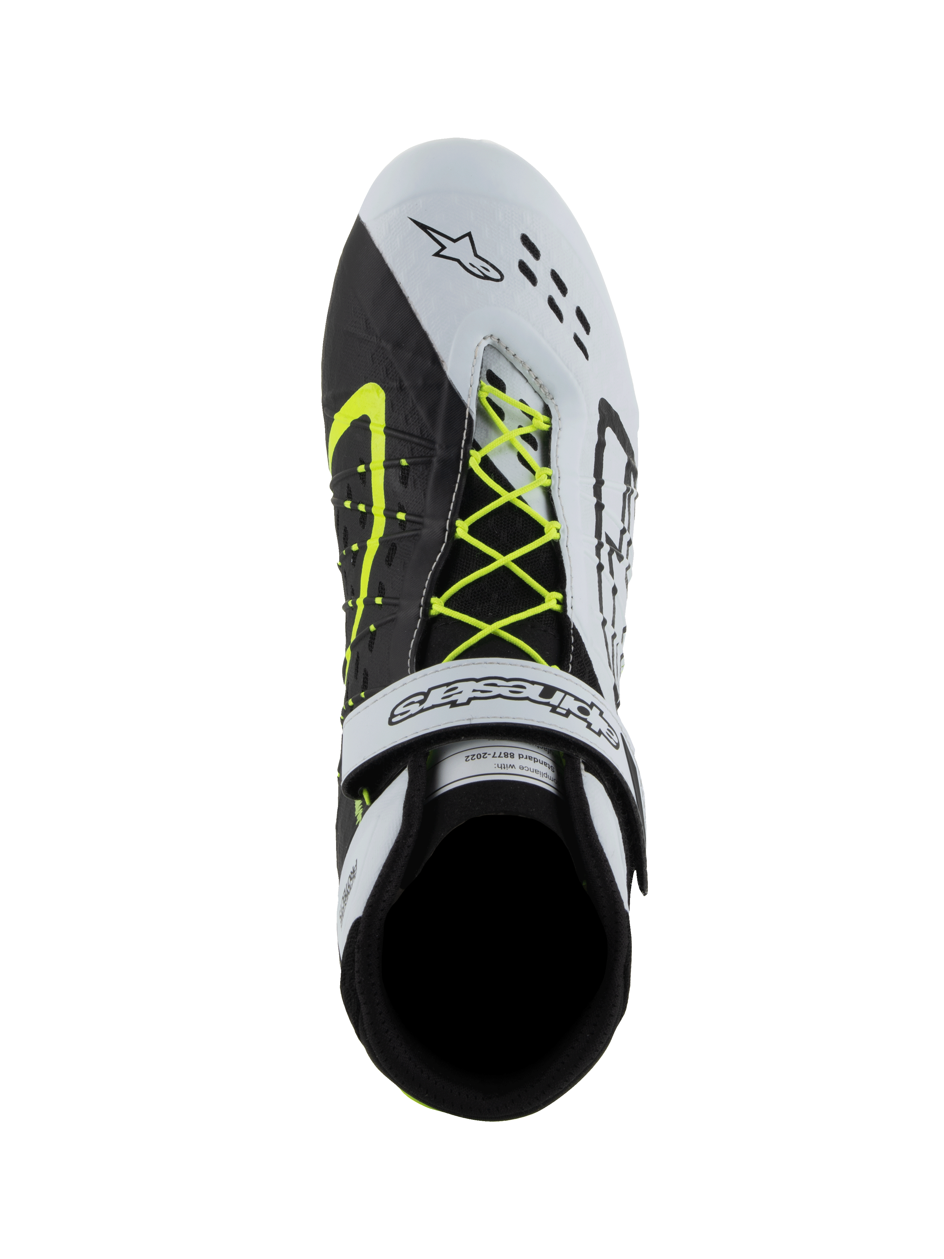 Alpinestars Tech-1 KX V3 sko, FIA karting-sko, sort hvid og gul fluo, set ovenfra viser asymmetrisk neon-gult snøresystem, hvid ankelrem med velcro og laser-skårne perforeringer på tåen