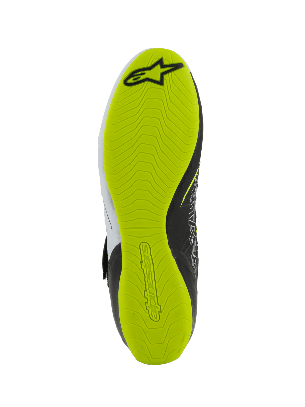 Alpinestars Tech-1 KX V3 Sko - FIA, kartingsko, undersiden af sålen, lysende gul fluo-gummi med tekstureret grebsmønster, med sort Alpinestars-logo og præget branding for pedalfølsomhed