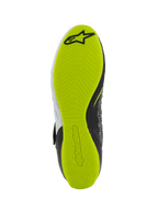 Alpinestars Tech-1 KX V3 Sko - FIA, kartingsko, undersiden af sålen, lysende gul fluo-gummi med tekstureret grebsmønster, med sort Alpinestars-logo og præget branding for pedalfølsomhed