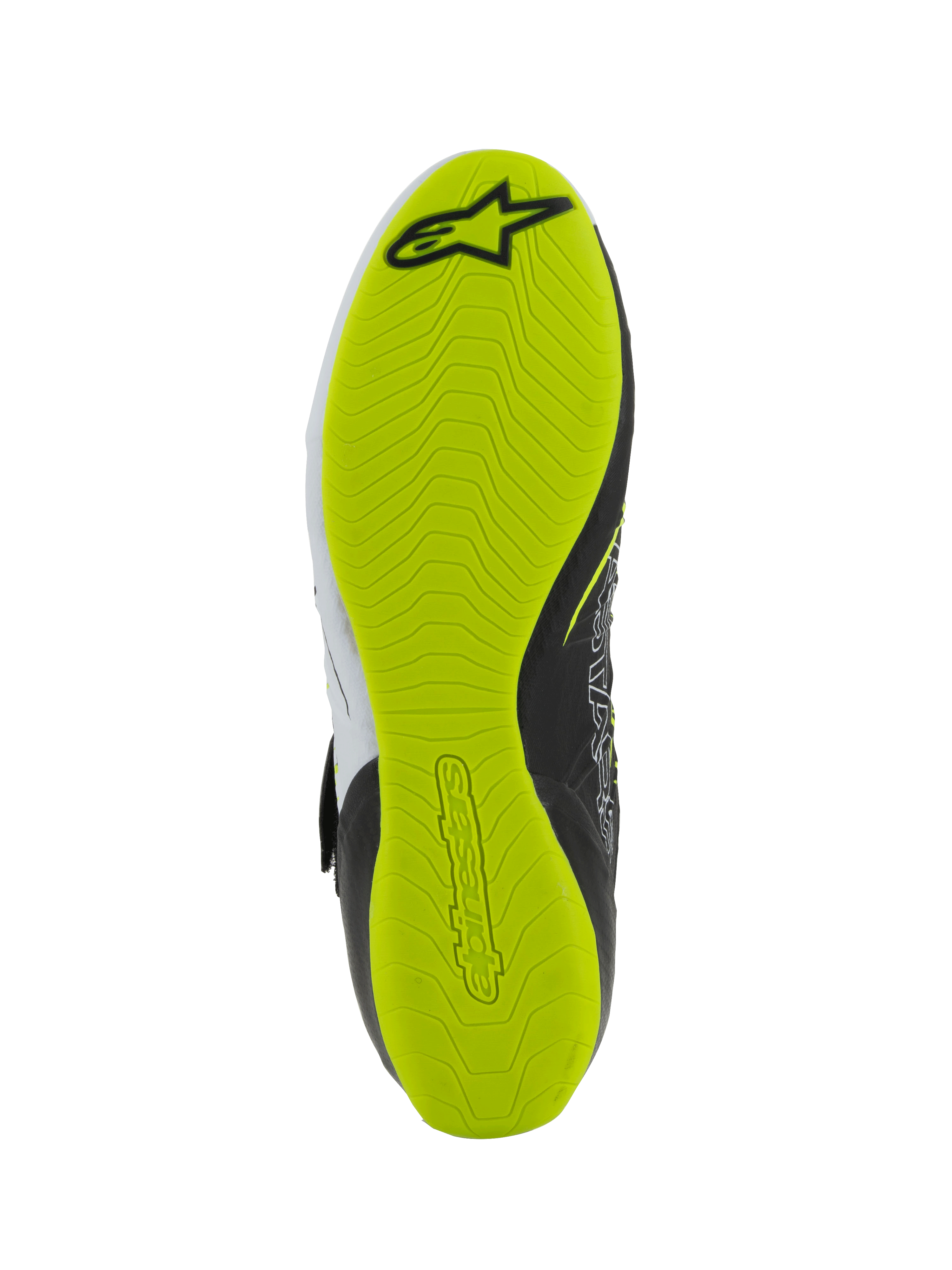 Alpinestars Tech-1 KX V3 Sko - FIA, kartingsko, undersiden af sålen, lysende gul fluo-gummi med tekstureret grebsmønster, med sort Alpinestars-logo og præget branding for pedalfølsomhed