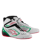 Alpinestars Tech-1 KX V3 kartsko, hvid, grøn og rød, sømløs termo-svejset overdel med laserskårne perforeringer, asymmetrisk snøresystem, velcrorem med rødt logo, tynd rød gummisål