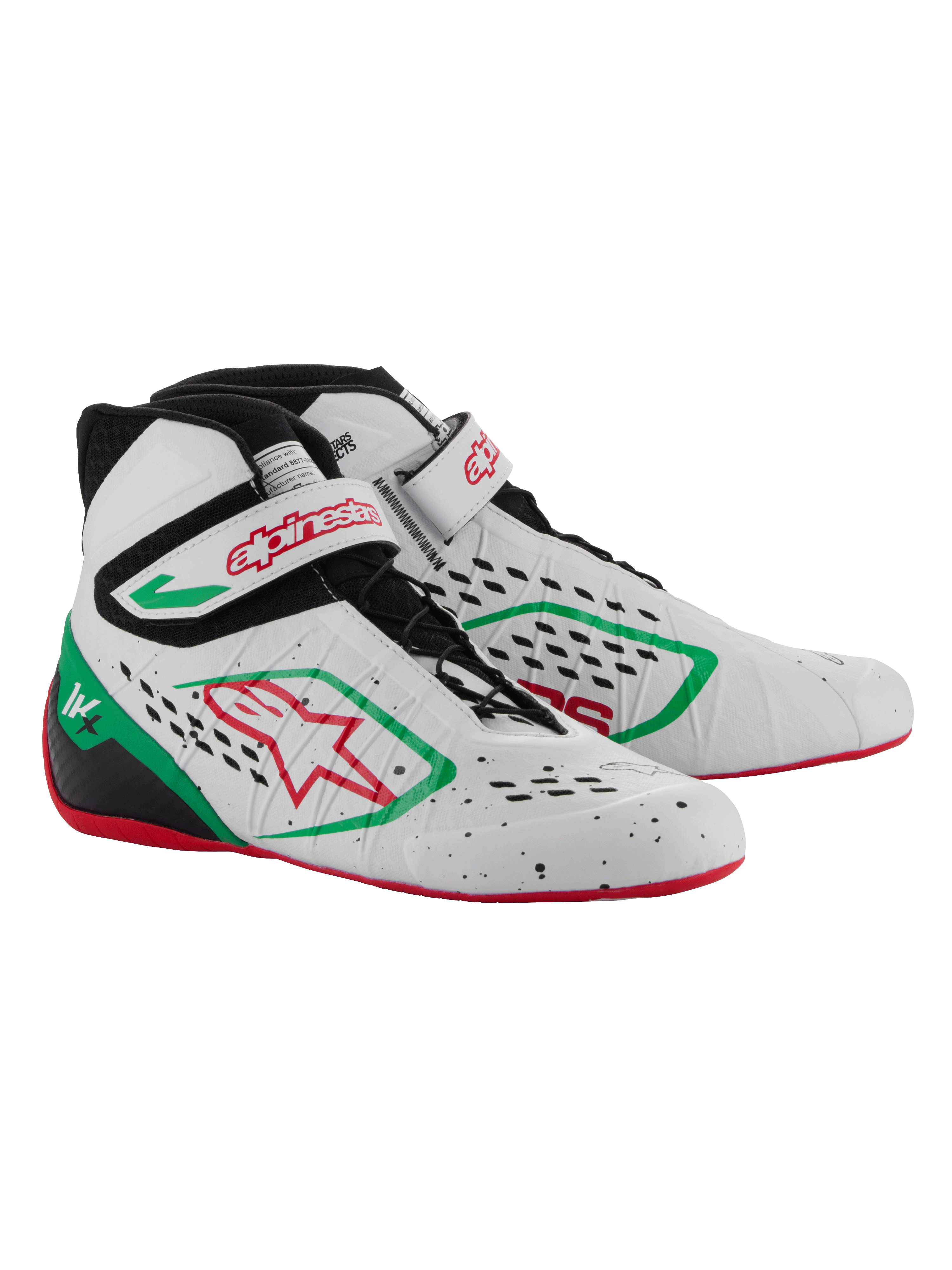 Alpinestars Tech-1 KX V3 kartsko, hvid, grøn og rød, sømløs termo-svejset overdel med laserskårne perforeringer, asymmetrisk snøresystem, velcrorem med rødt logo, tynd rød gummisål