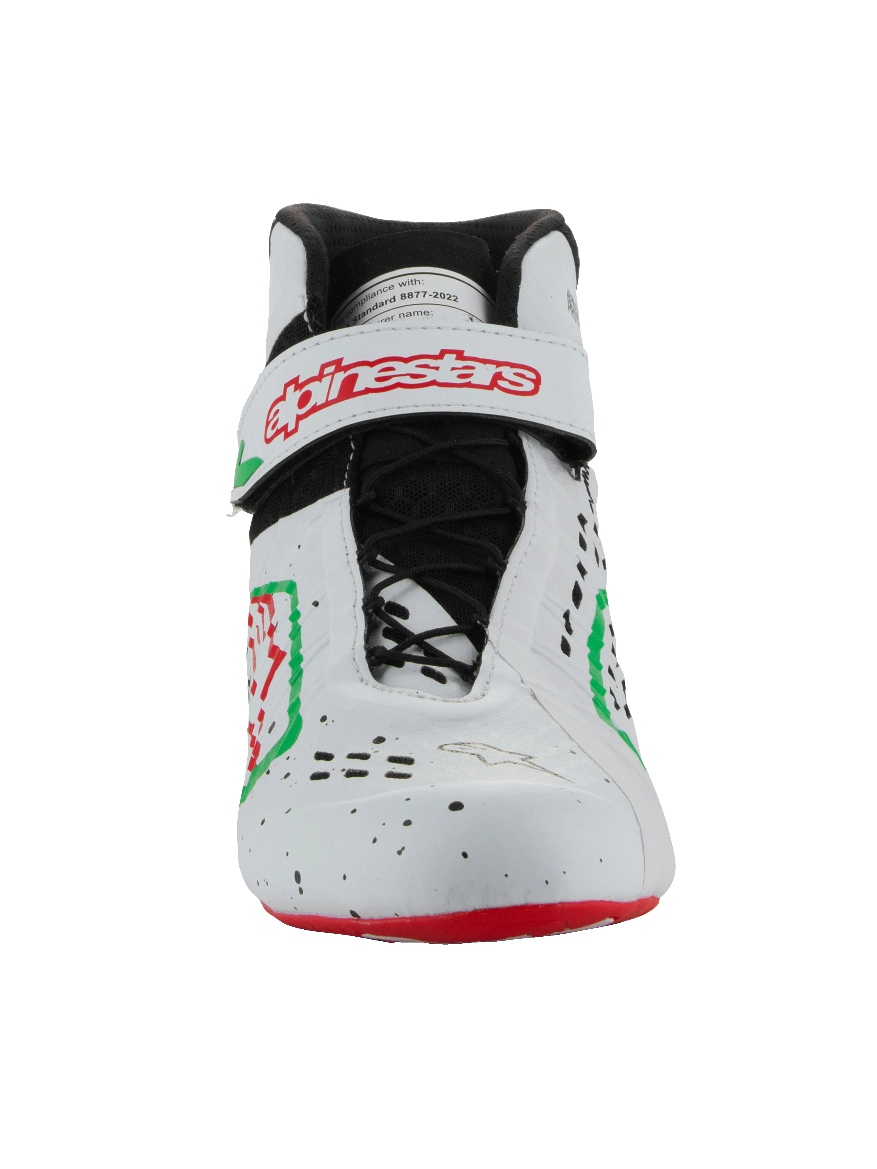 Alpinestars Tech-1 KX V3 sko - FIA, kartingsko, hvid, grøn og rød, set forfra med asymmetrisk snøresystem og velcrorem med rødt Alpinestars-logo, strømlinet perforeret design til motorsport.