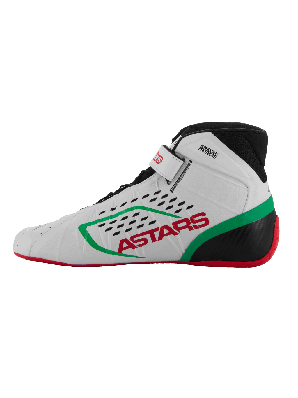Alpinestars Tech-1 KX V3 sko, kartingsko, hvid, grøn og rød, profilvisning, med rød ASTARS-branding og grøn stribe, sort krave med laserskårne perforeringer, tynd rød sål for pedalfølsomhed