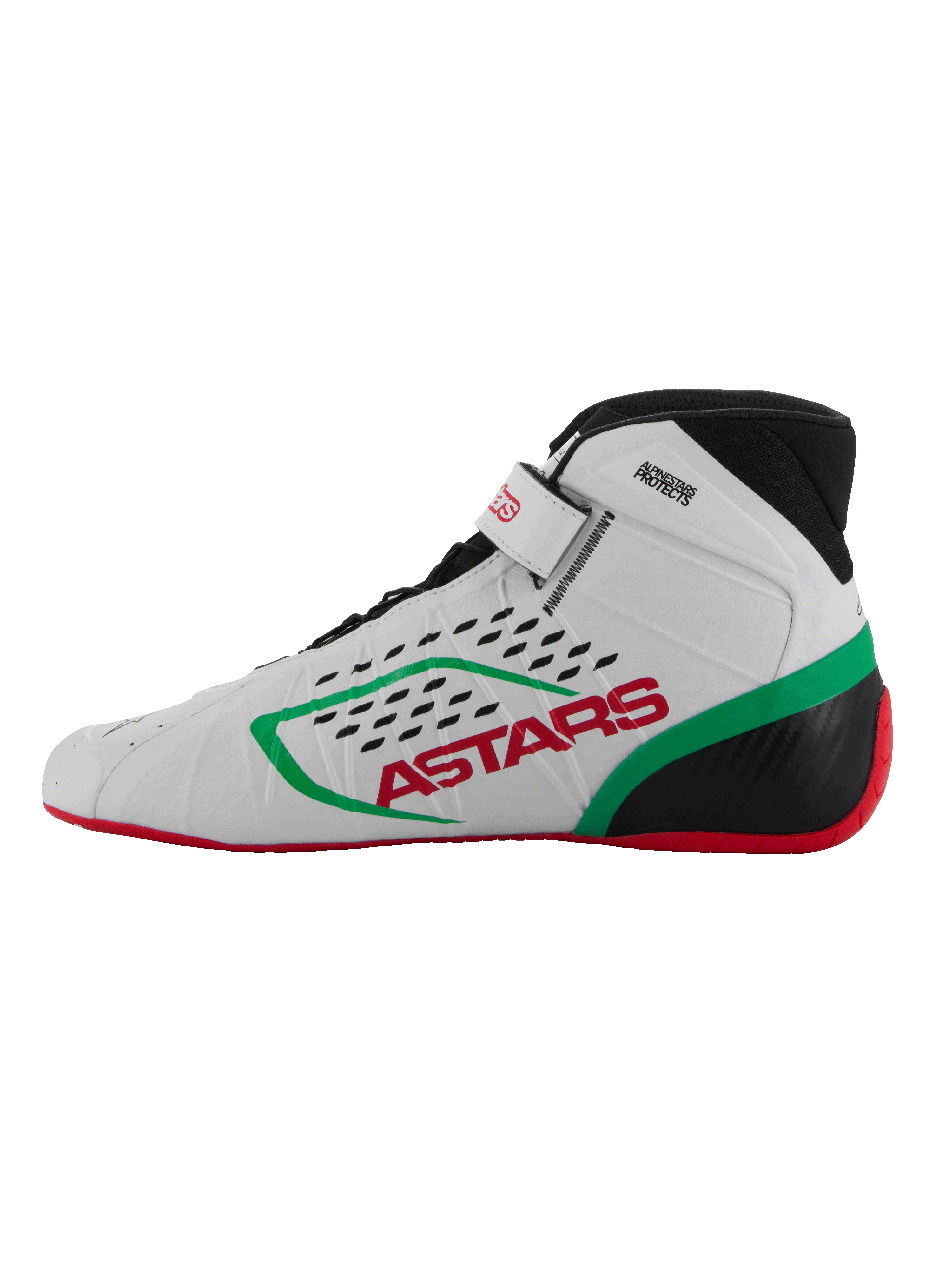 Alpinestars Tech-1 KX V3 sko, kartingsko, hvid, grøn og rød, profilvisning, med rød ASTARS-branding og grøn stribe, sort krave med laserskårne perforeringer, tynd rød sål for pedalfølsomhed