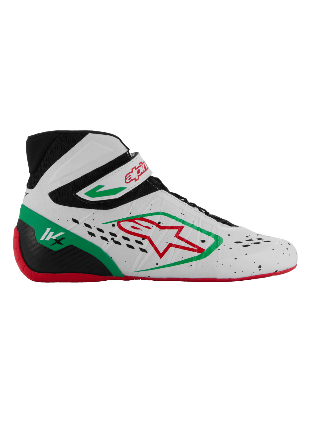 Alpinestars Tech-1 KX V3 sko, FIA-godkendte karting-racersko, hvid med sorte, grønne og røde detaljer, rødt stjernelogo, rød sål, high-top design med velcrostrop, åndbar perforeret overdel, 1K-hælmarkering