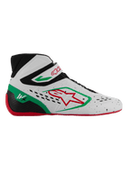 Alpinestars Tech-1 KX V3 sko, FIA-godkendte karting-racersko, hvid med sorte, grønne og røde detaljer, rødt stjernelogo, rød sål, high-top design med velcrostrop, åndbar perforeret overdel, 1K-hælmarkering