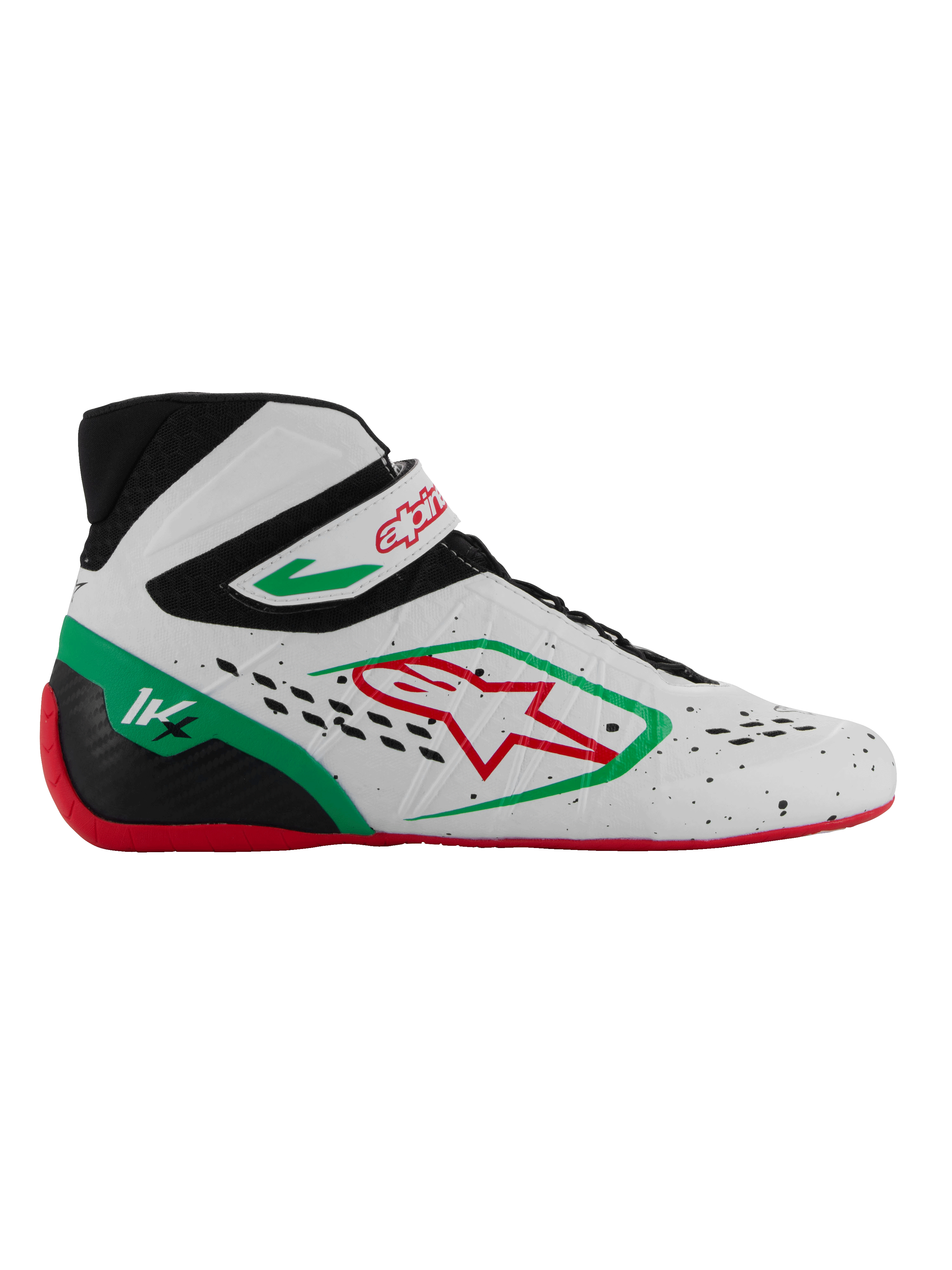 Alpinestars Tech-1 KX V3 sko, FIA-godkendte karting-racersko, hvid med sorte, grønne og røde detaljer, rødt stjernelogo, rød sål, high-top design med velcrostrop, åndbar perforeret overdel, 1K-hælmarkering