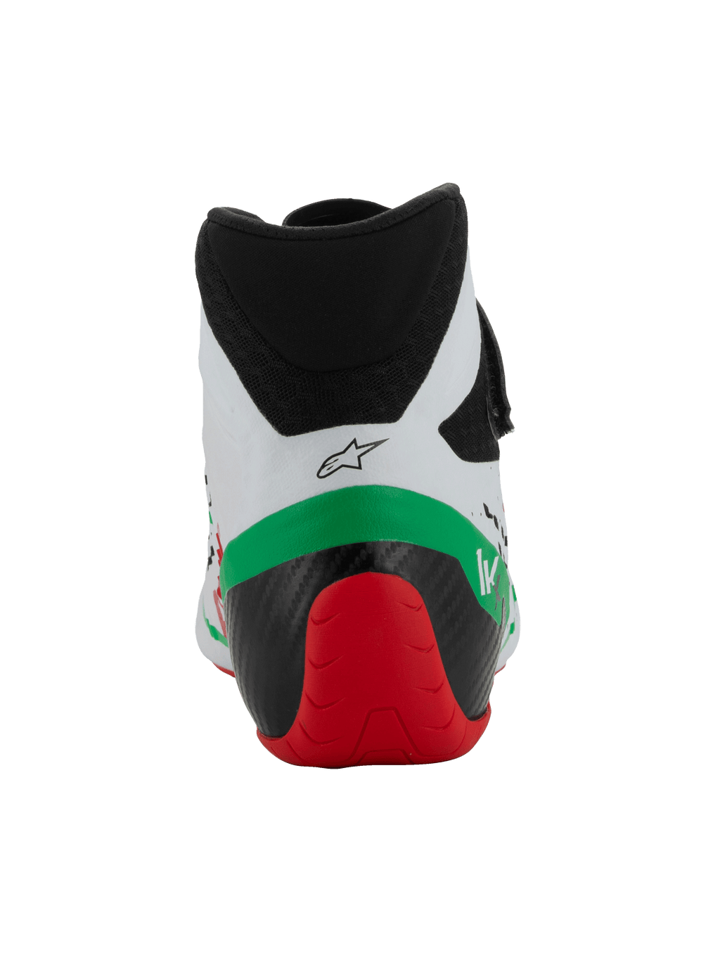 Alpinestars Tech-1 KX V3-sko - FIA, kartingsko, hvid, grøn og rød, set bagfra, viser den lavskårne mikrofiberkrave, forstærket sort og rød hælstruktur og Alpinestars-logo.
