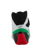 Alpinestars Tech-1 KX V3-sko - FIA, kartingsko, hvid, grøn og rød, set bagfra, viser den lavskårne mikrofiberkrave, forstærket sort og rød hælstruktur og Alpinestars-logo.