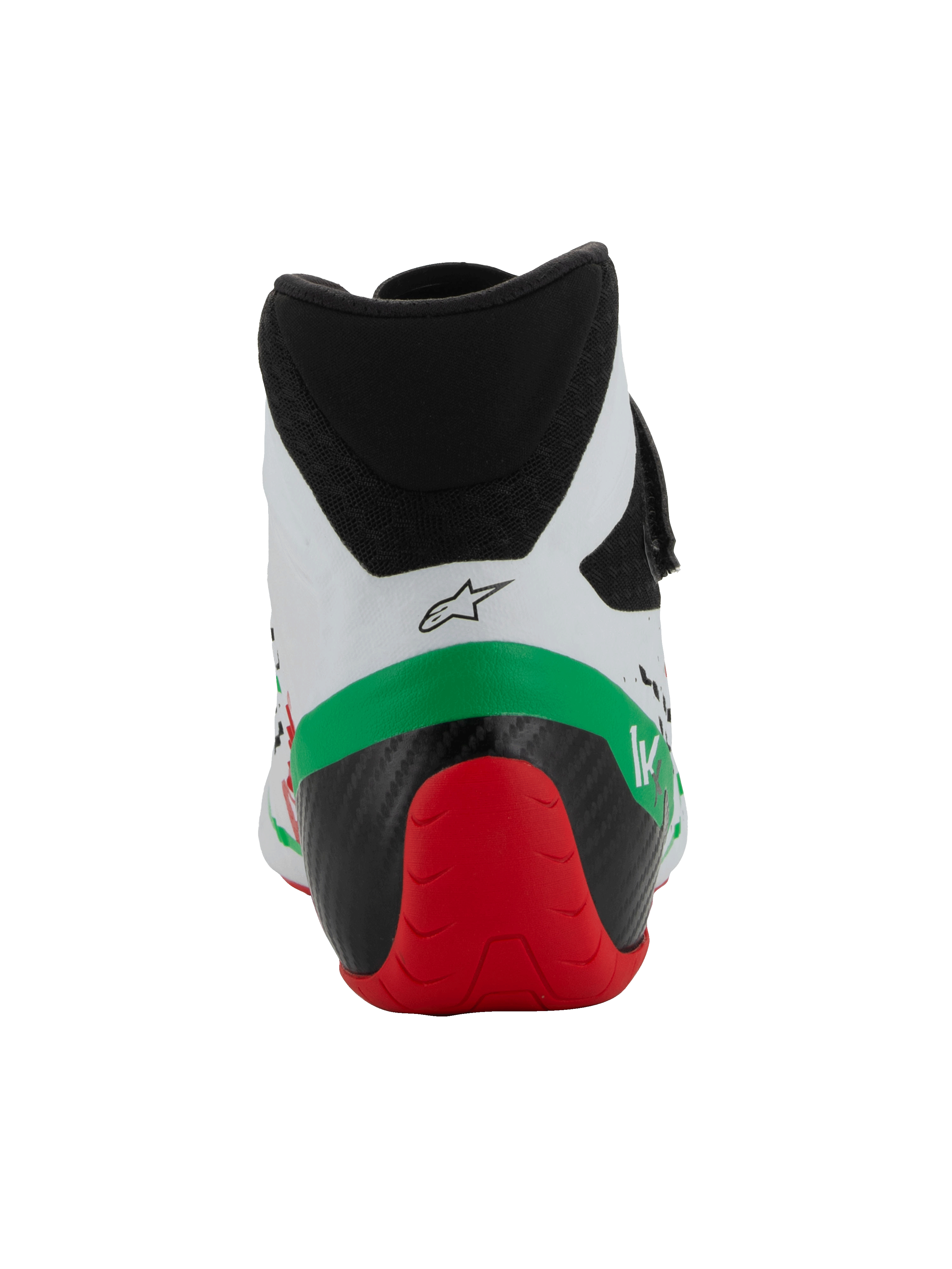 Alpinestars Tech-1 KX V3-sko - FIA, kartingsko, hvid, grøn og rød, set bagfra, viser den lavskårne mikrofiberkrave, forstærket sort og rød hælstruktur og Alpinestars-logo.