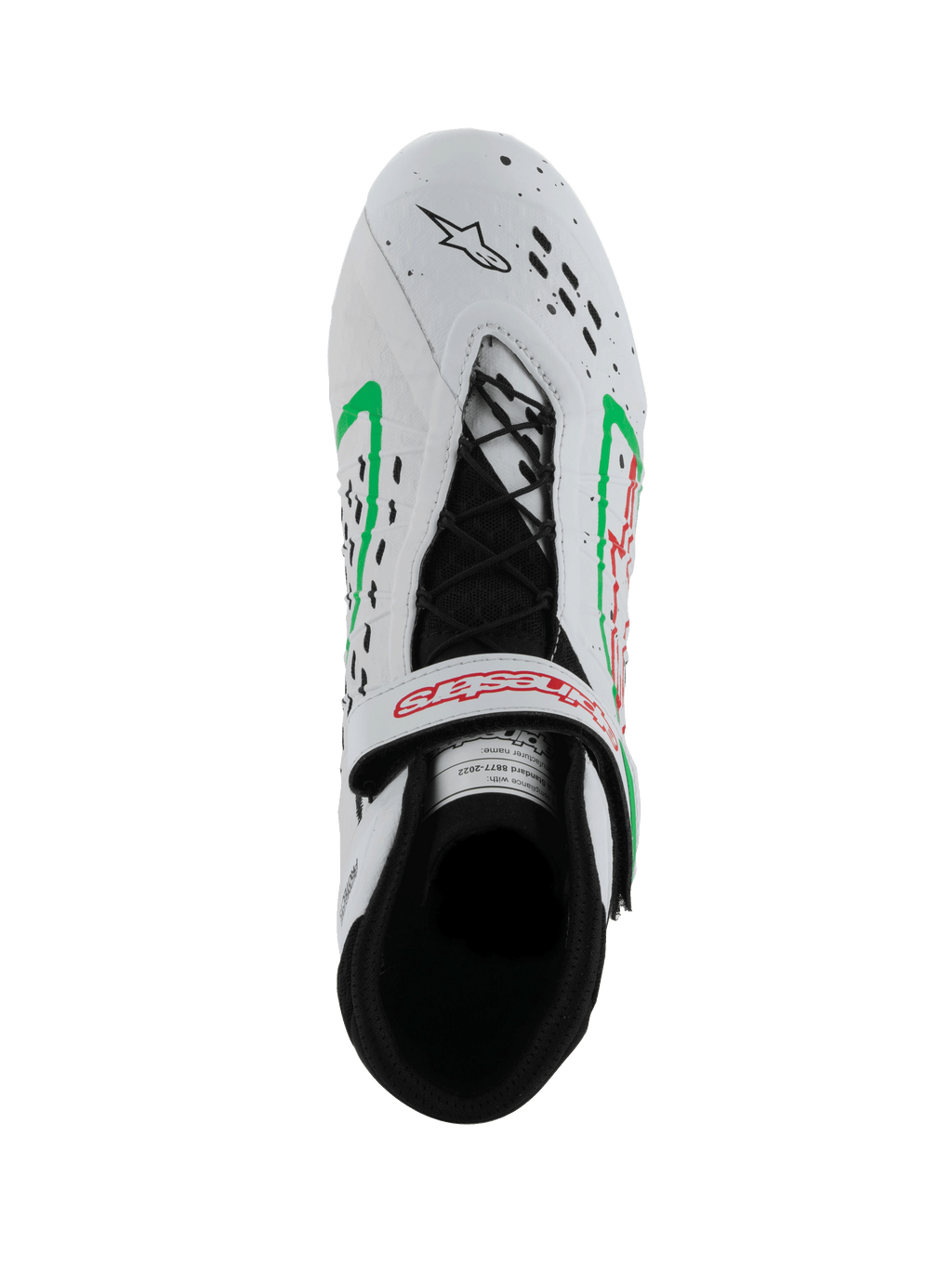 Alpinestars Tech-1 KX V3 sko, FIA-homologerede karting-sko, hvide med grønne og røde detaljer, set oppefra, asymmetrisk snøresystem, justerbar rem med rødt logo, laserskårne perforeringer på tåen