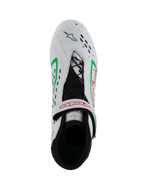 Alpinestars Tech-1 KX V3 sko, FIA-homologerede karting-sko, hvide med grønne og røde detaljer, set oppefra, asymmetrisk snøresystem, justerbar rem med rødt logo, laserskårne perforeringer på tåen