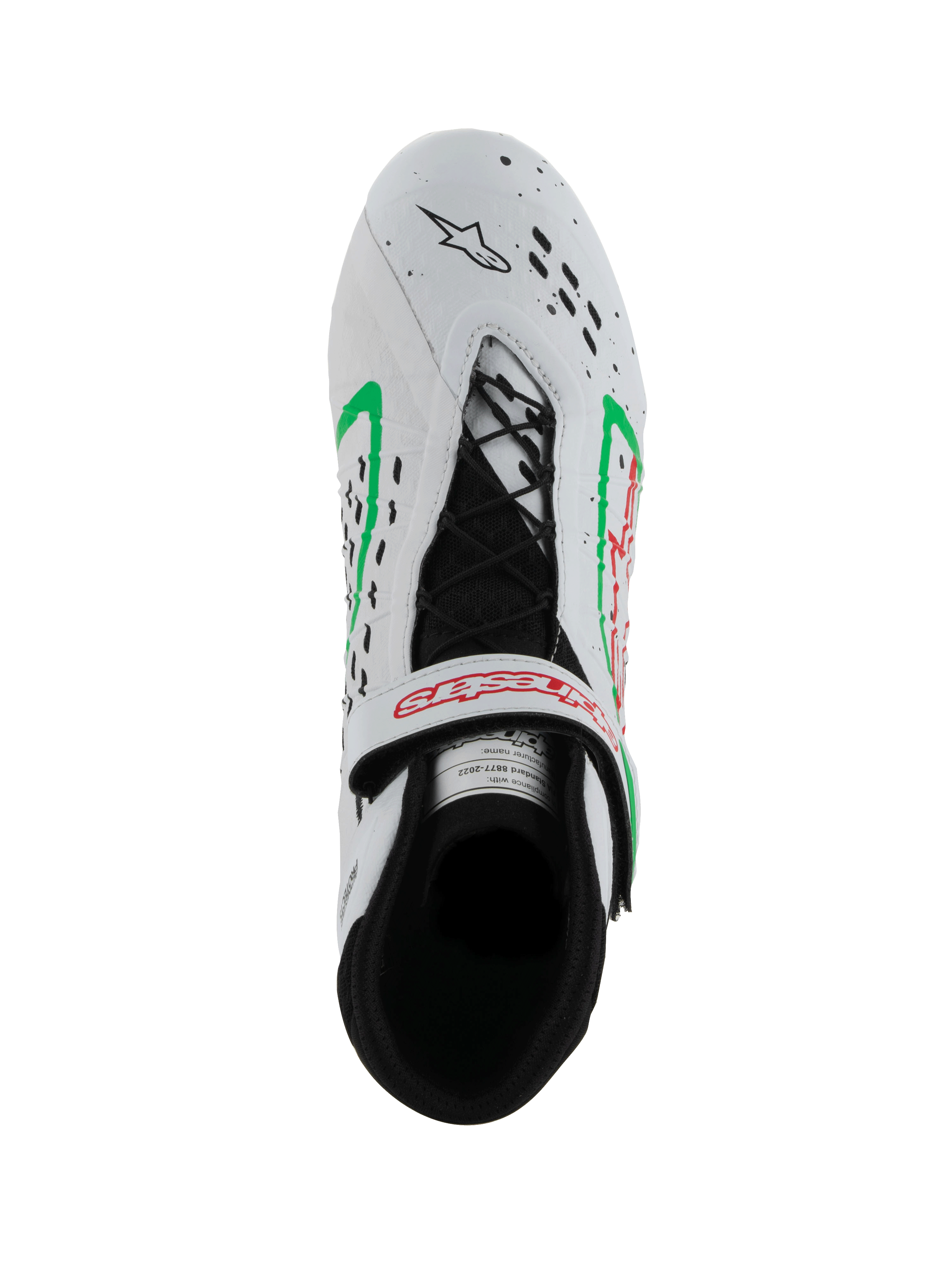 Alpinestars Tech-1 KX V3 sko, FIA-homologerede karting-sko, hvide med grønne og røde detaljer, set oppefra, asymmetrisk snøresystem, justerbar rem med rødt logo, laserskårne perforeringer på tåen