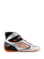 Alpinestars Tech-1 KX V3 sko, kartingsko, sølv, sort og orange fluo, profilvisning med sømløs termosvejset konstruktion, asymmetrisk orange snøresystem, markant orange Astar-logo på siden og en tynd orange fluo gummisål