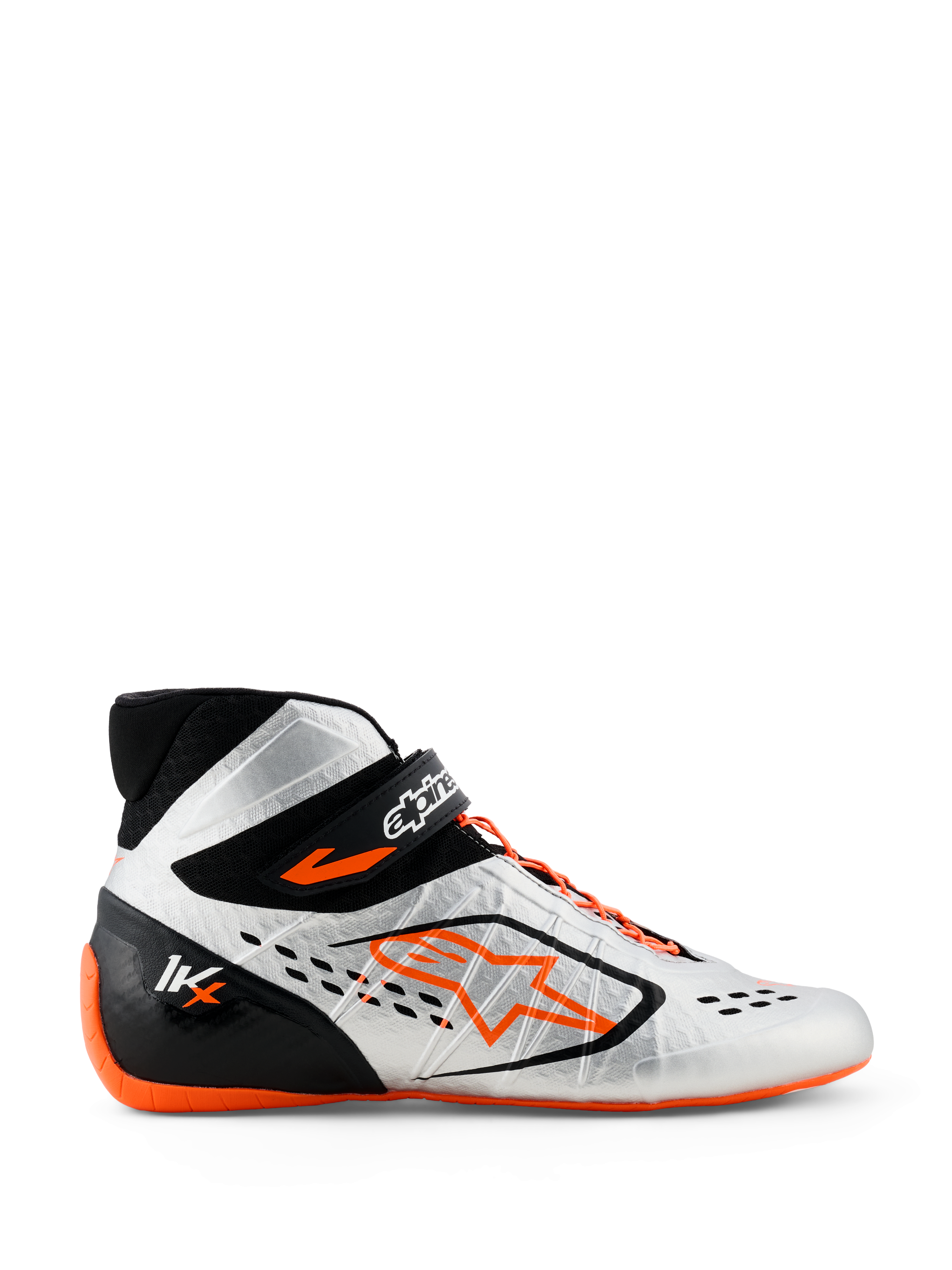Alpinestars Tech-1 KX V3 sko, kartingsko, sølv, sort og orange fluo, profilvisning med sømløs termosvejset konstruktion, asymmetrisk orange snøresystem, markant orange Astar-logo på siden og en tynd orange fluo gummisål