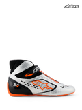 Alpinestars Tech-1 KX V3 Shoes - FIA, karting racing shoes, black, silver, and orange fluo, side profile view showing lightweight thermo-welded construction, asymmetric lacing, and FIA homologation details