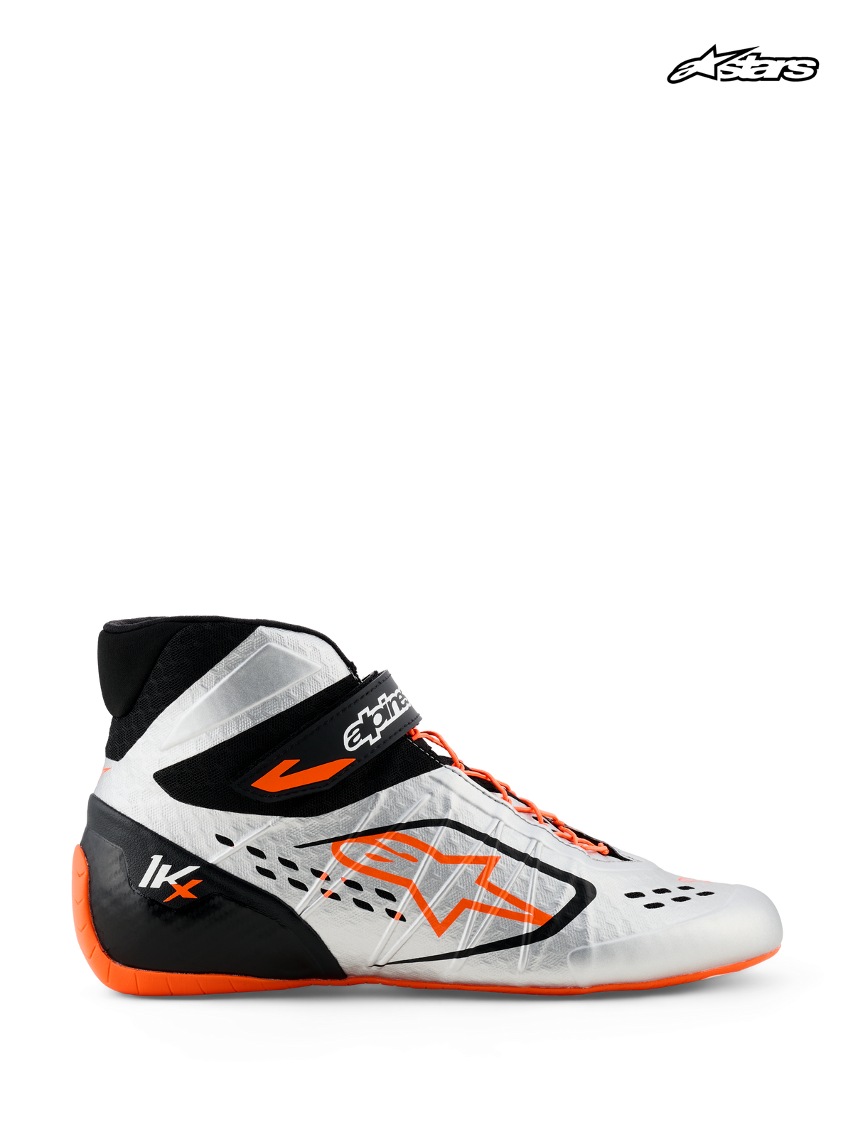 Alpinestars Tech-1 KX V3 sko, FIA karting-racerstøvler, sort, sølv og orange, sideprofil der viser letvægts termo-svejset konstruktion, asymmetrisk snøring og FIA-homologering