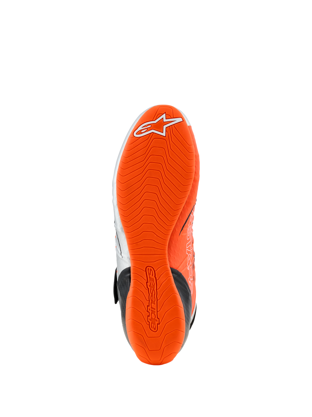 Alpinestars Tech-1 KX V3-sko, visning af sålen, kraftig neonorange gummisål, bølget tekstureret slidmønster med hvidt logo og præget branding, designet til greb og pedalfølsomhed til gokart