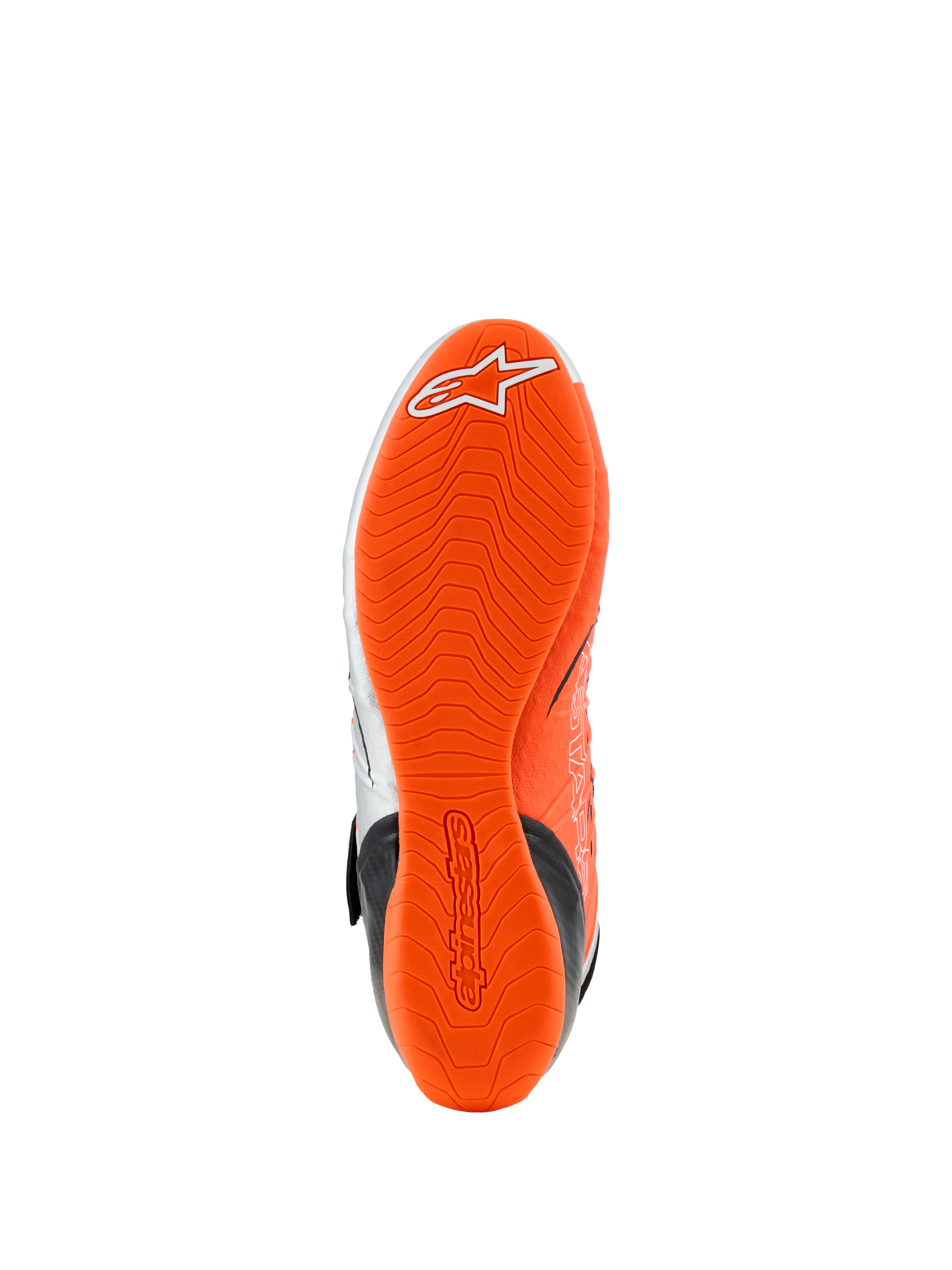 Alpinestars Tech-1 KX V3-sko, visning af sålen, kraftig neonorange gummisål, bølget tekstureret slidmønster med hvidt logo og præget branding, designet til greb og pedalfølsomhed til gokart
