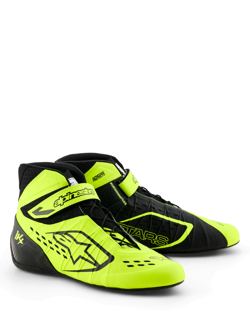 Alpinestars Tech-1 KX V3 kartingsko, sort og gul fluo, slank performance-profil, asymmetrisk snøring med justerbar ankelrem, laserskårne perforeringer for åndbarhed, letvægts termo-svejset konstruktion, FIA 8877-2022 certificeret motorsportsfodtøj