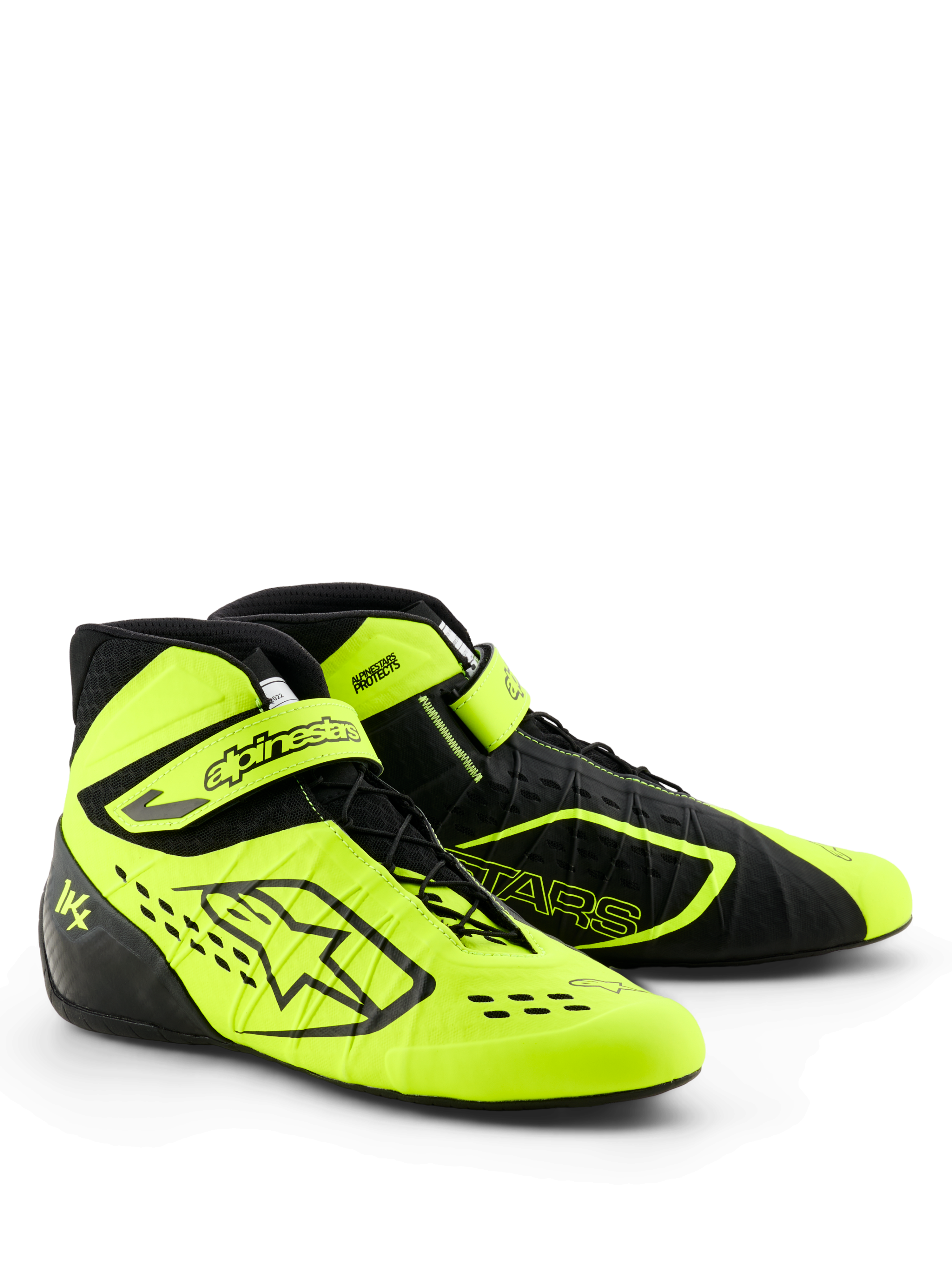 Alpinestars Tech-1 KX V3 kartingsko, sort og gul fluo, slank performance-profil, asymmetrisk snøring med justerbar ankelrem, laserskårne perforeringer for åndbarhed, letvægts termo-svejset konstruktion, FIA 8877-2022 certificeret motorsportsfodtøj