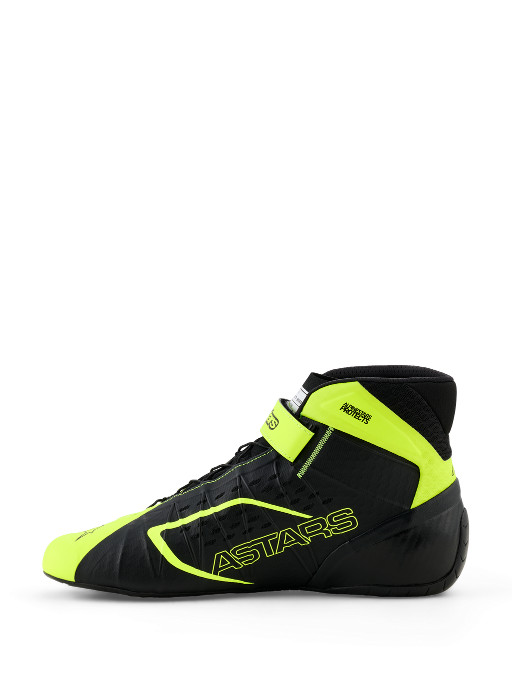 Alpinestars Tech-1 KX V3 karting-sko, sort og gul fluo, set fra siden med sømløs termo-svejset konstruktion, laser-skårne perforeringer, klare gule detaljer med ASTARS-branding og justerbar ankelrem, slankt motorsport-design