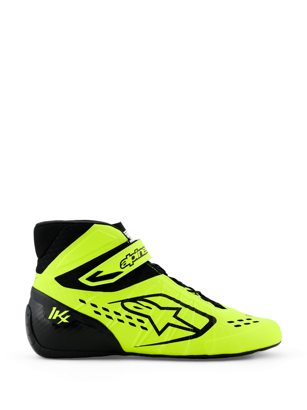 Alpinestars Tech-1 KX V3 karting-sko, gul fluo og sort, sideprofil med markant Alpinestars-logo, justerbar ankelrem og laserskårne perforeringer for åndbarhed, professionelt motorsportsfodtøj.