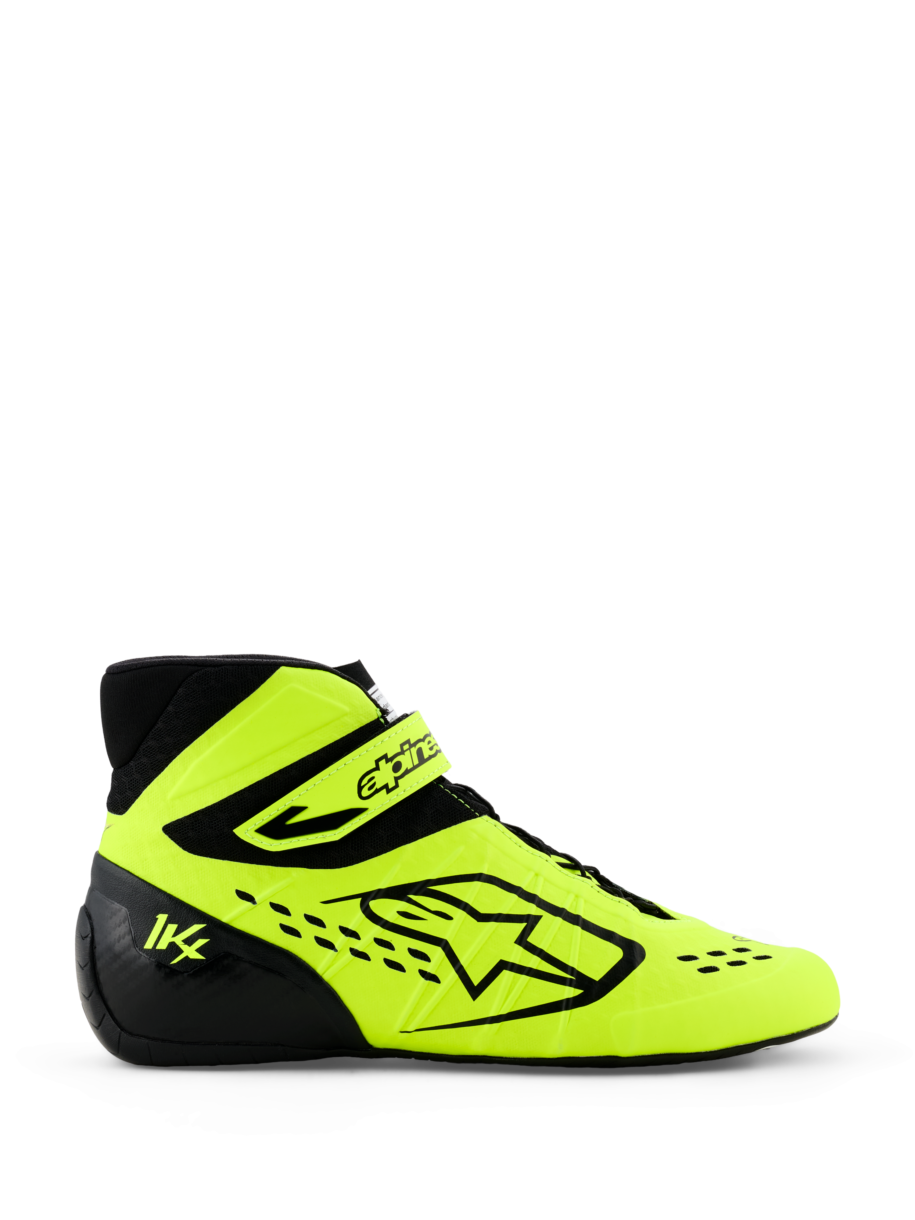 Alpinestars Tech-1 KX V3 karting-sko, gul fluo og sort, sideprofil med markant Alpinestars-logo, justerbar ankelrem og laserskårne perforeringer for åndbarhed, professionelt motorsportsfodtøj.