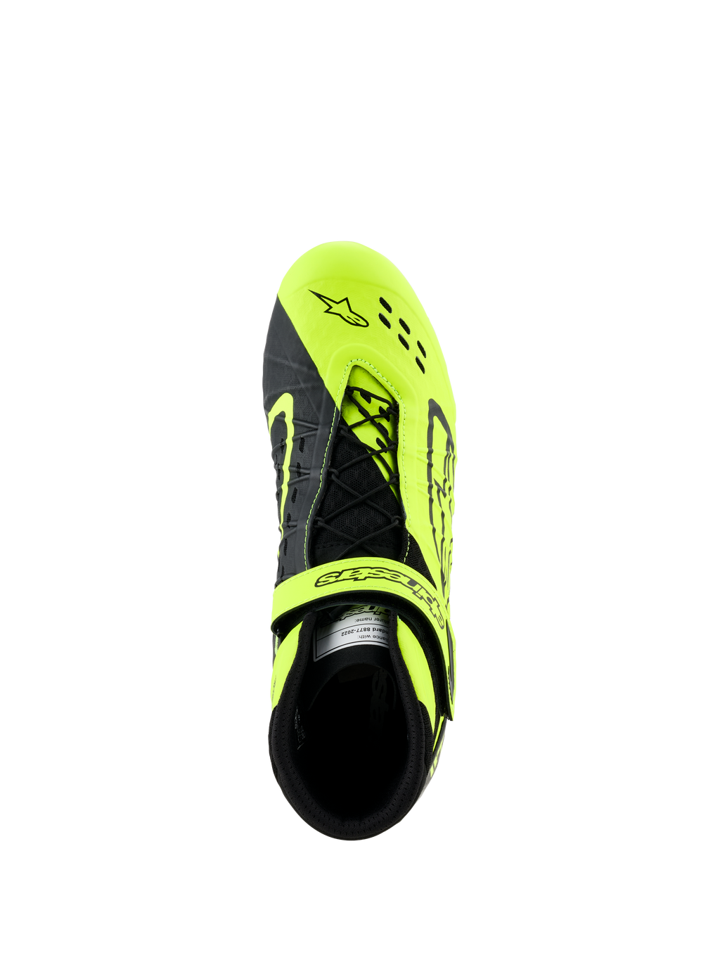 Alpinestars Tech-1 KX V3-sko, karting-sko, sort og fluoriserende gul, set fra oven med asymmetrisk snøresystem og justerbar rem, laserudskårne perforeringer for åndbarhed, designet til kart-racing
