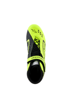 Alpinestars Tech-1 KX V3-sko, karting-sko, sort og fluoriserende gul, set fra oven med asymmetrisk snøresystem og justerbar rem, laserudskårne perforeringer for åndbarhed, designet til kart-racing