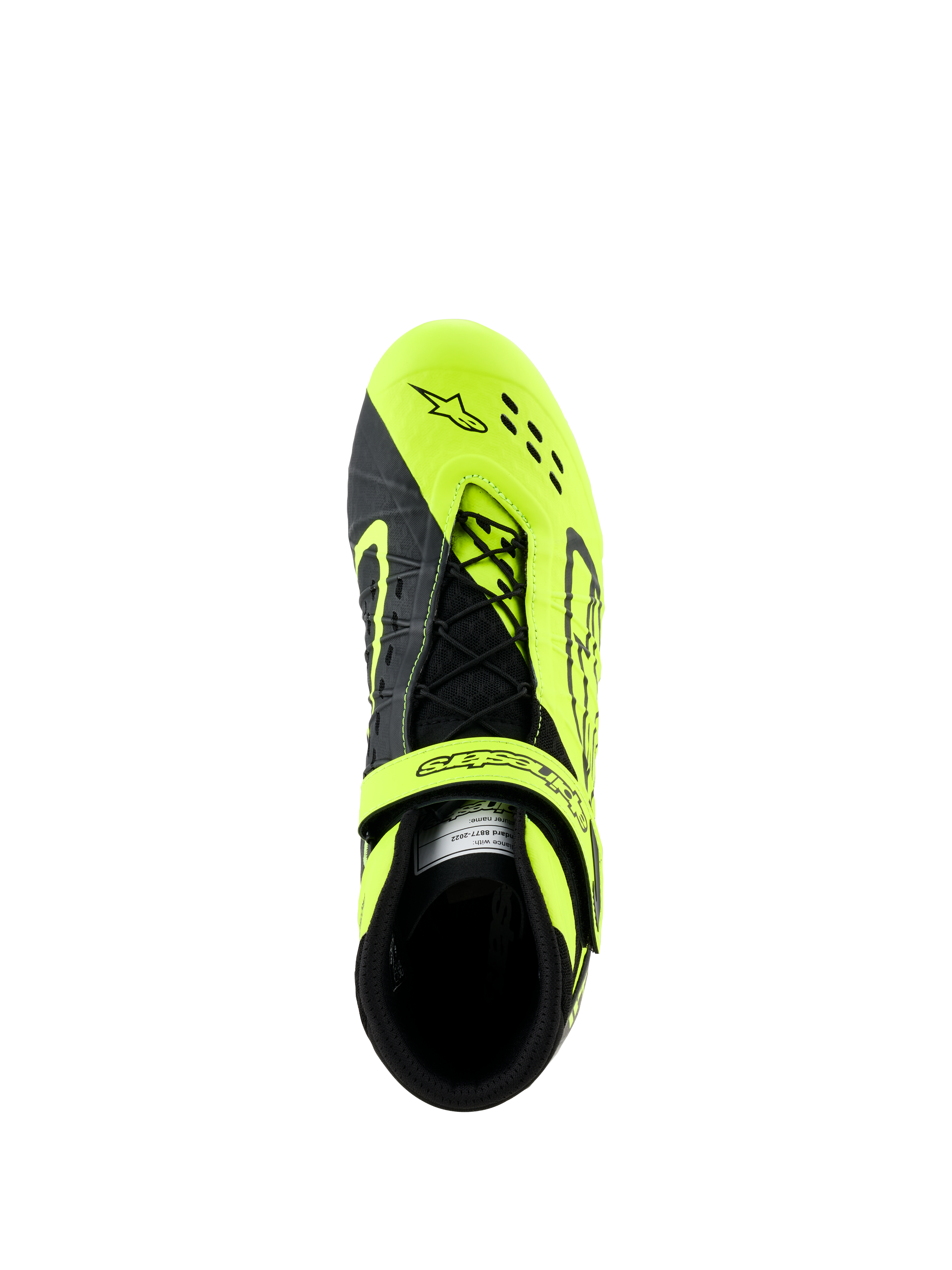 Alpinestars Tech-1 KX V3-sko, karting-sko, sort og fluoriserende gul, set fra oven med asymmetrisk snøresystem og justerbar rem, laserudskårne perforeringer for åndbarhed, designet til kart-racing