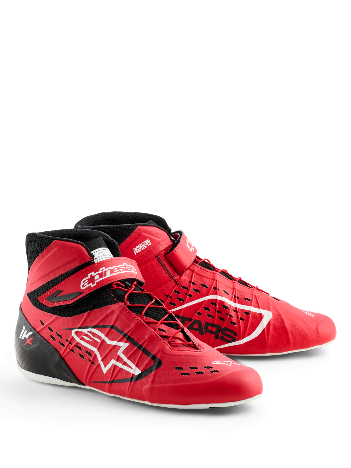 Alpinestars Tech-1 KX V3-sko, karting-sko, rød og sort, med asymmetrisk snøresystem og velcro-ankelrem, hvid Alpinestars-branding, laserskårne luftindtag og en letvægts sømløs konstruktion til professionel motorsport-performance.