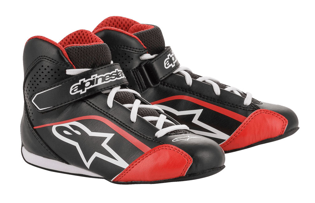 Alpinestars Youth Tech-1 K-sko, karting-sko, sort, hvid og rød, med en overdel i letvægtsmikrofiber med røde detaljer, hvide snørebånd og en sikker velcrolukning ved anklen, designet til gokart-racing for unge