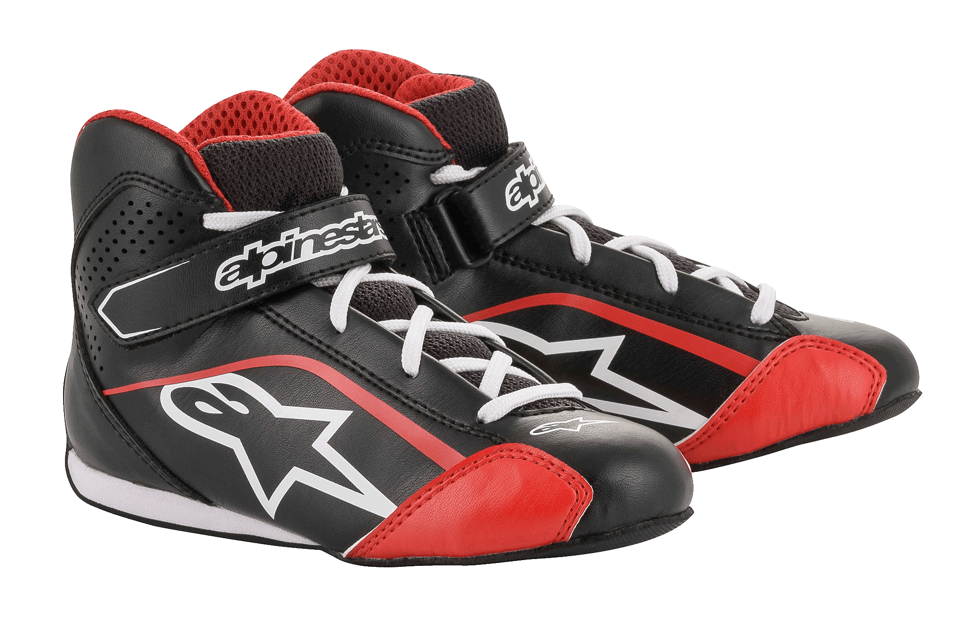 Alpinestars Youth Tech-1 K-sko, karting-sko, sort, hvid og rød, med en overdel i letvægtsmikrofiber med røde detaljer, hvide snørebånd og en sikker velcrolukning ved anklen, designet til gokart-racing for unge