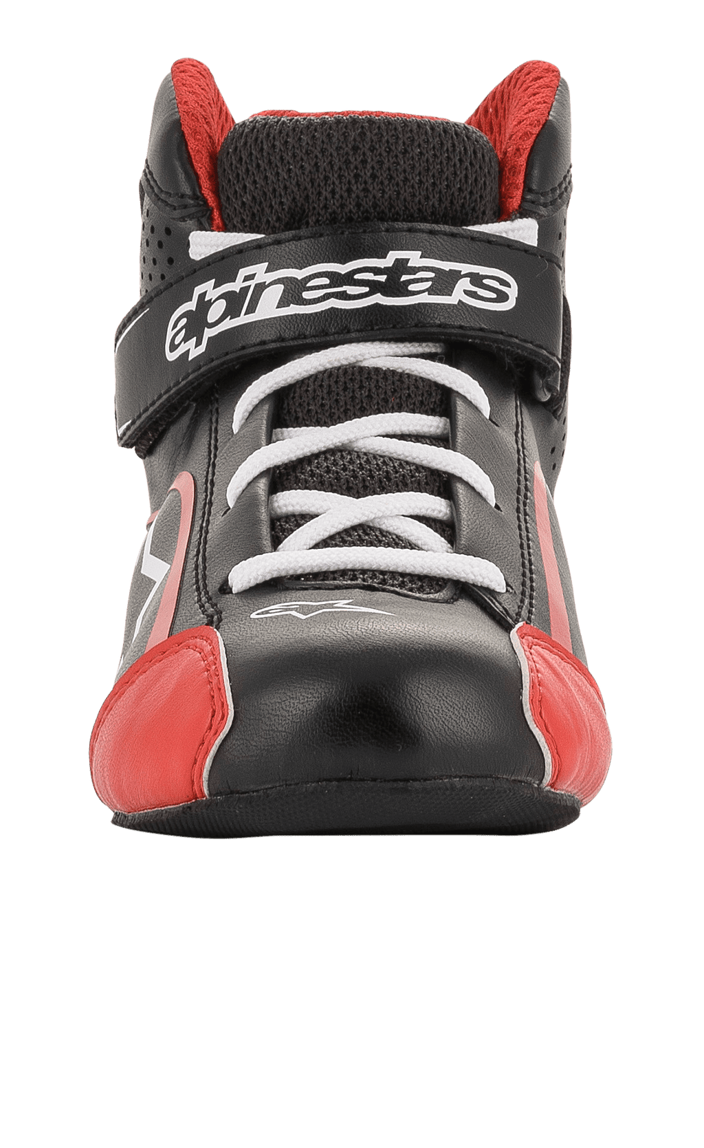 Alpinestars Youth Tech-1 K sko, gokart-sko, sort, hvid og rød, set forfra med hvide snørebånd og velcrolukning med logo, røde detaljer på tåen, letvægtsmikrofiber og mesh-konstruktion
