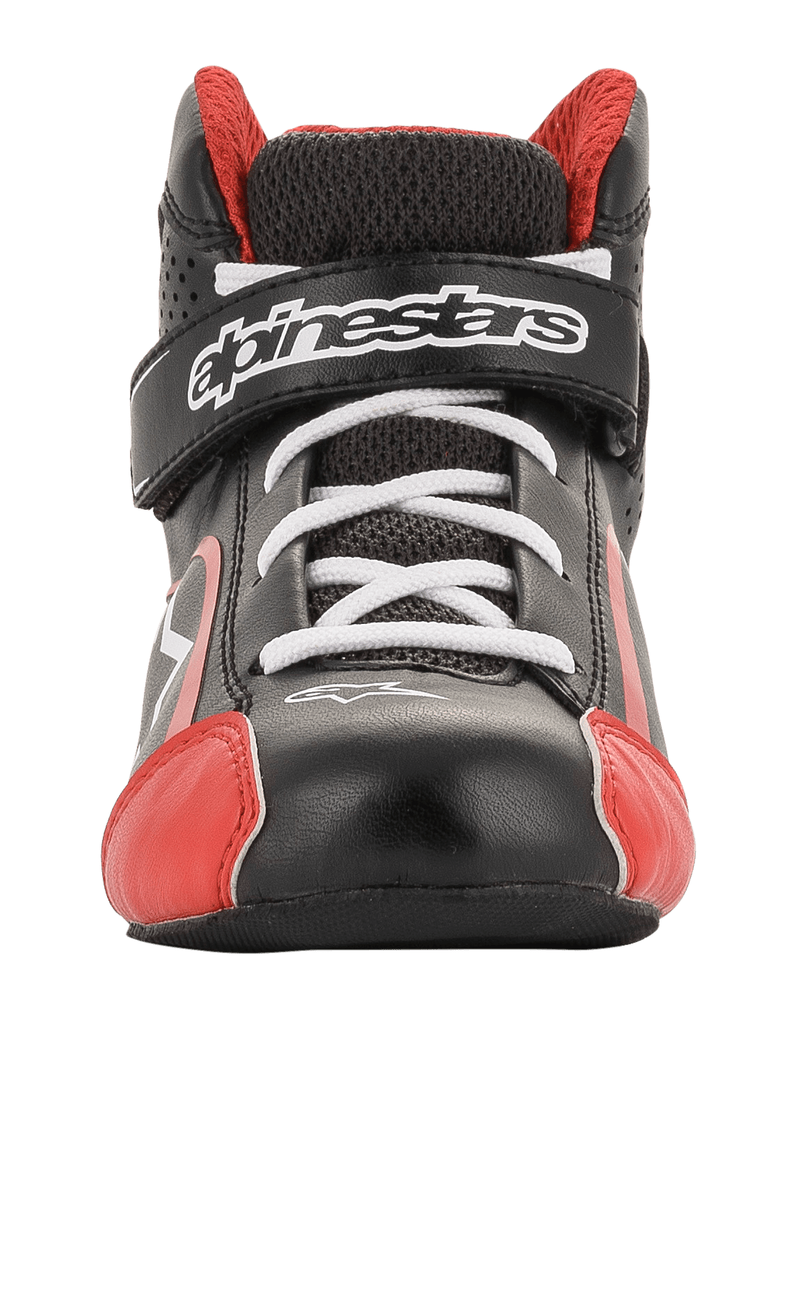 Alpinestars Youth Tech-1 K sko, gokart-sko, sort, hvid og rød, set forfra med hvide snørebånd og velcrolukning med logo, røde detaljer på tåen, letvægtsmikrofiber og mesh-konstruktion