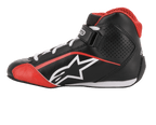 Alpinestars Youth Tech-1 K sko, karting-fodtøj, sort, hvid og rød, sideprofil med hvidt stjernelogo, rød mesh-krave, hvide snørebånd og ankelrem, letvægtsmikrofiber og mesh-design til racing