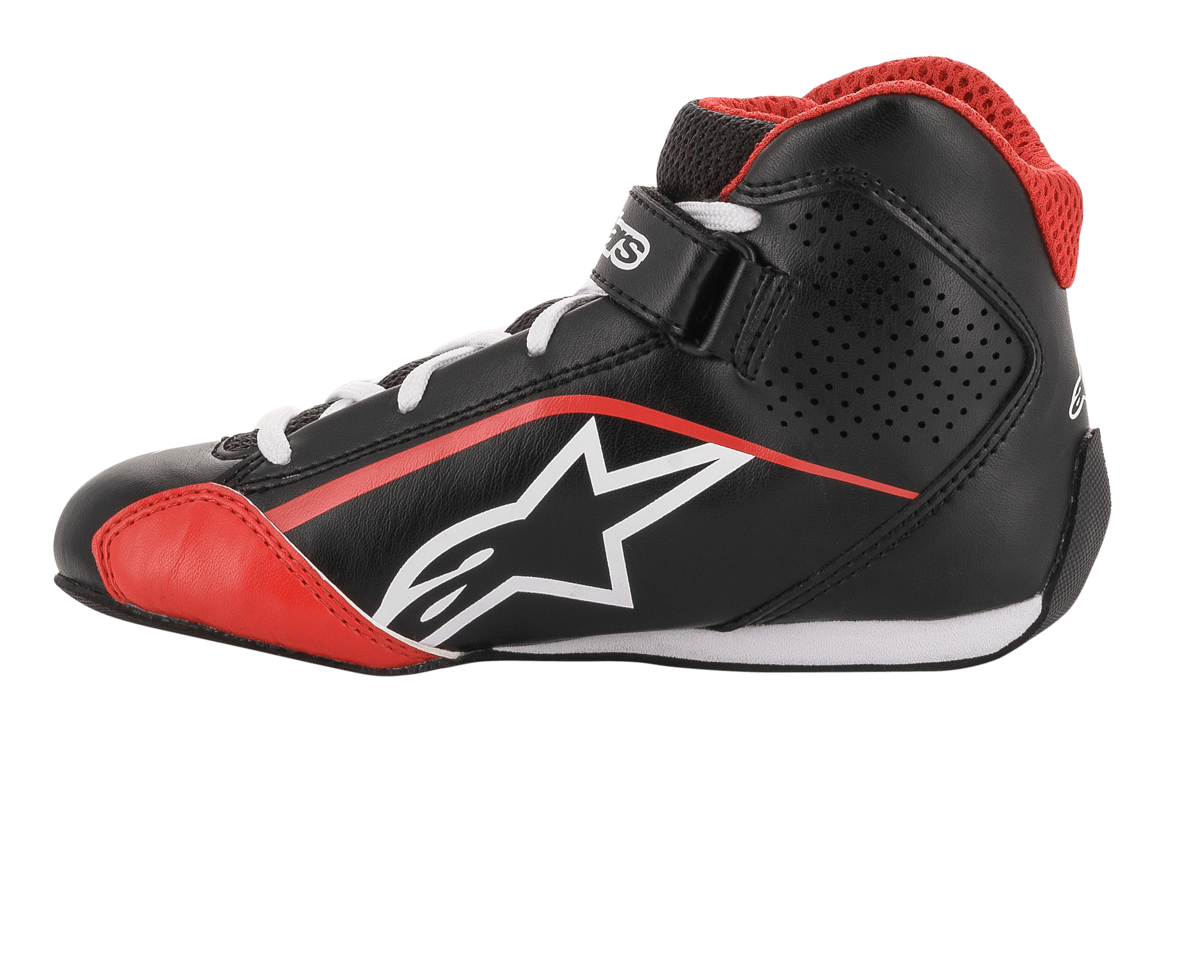 Alpinestars Youth Tech-1 K sko, karting-fodtøj, sort, hvid og rød, sideprofil med hvidt stjernelogo, rød mesh-krave, hvide snørebånd og ankelrem, letvægtsmikrofiber og mesh-design til racing