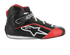 Alpinestars Youth Tech-1 K sko, karting-sko til unge, sort, hvid og rød, sideprofil med mikrofiberkonstruktion, hvidt Alpinestars-logo, velcrolukning ved anklen og perforerede sidepaneler for ventilation.