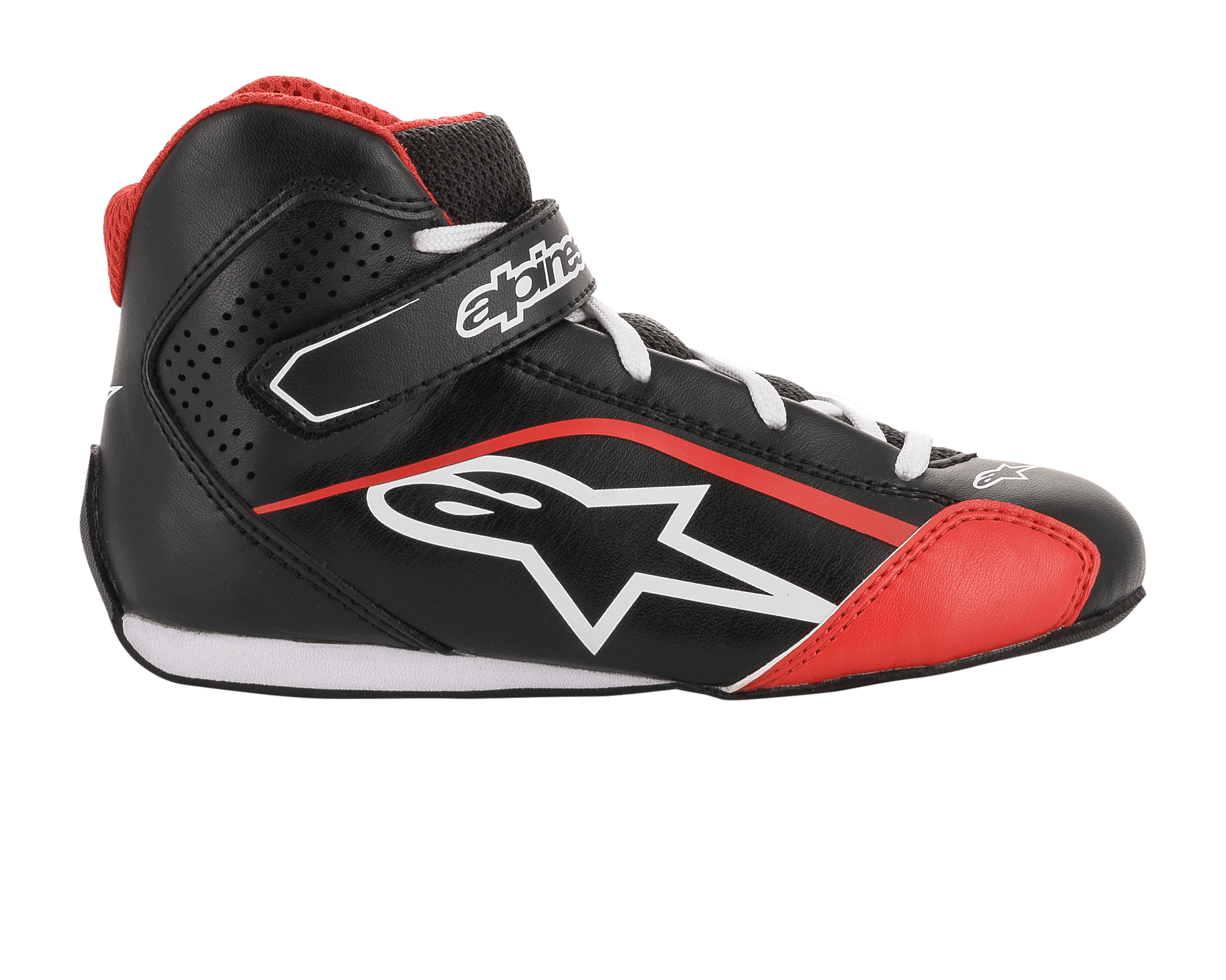 Alpinestars Youth Tech-1 K sko, karting-sko til unge, sort, hvid og rød, sideprofil med mikrofiberkonstruktion, hvidt Alpinestars-logo, velcrolukning ved anklen og perforerede sidepaneler for ventilation.