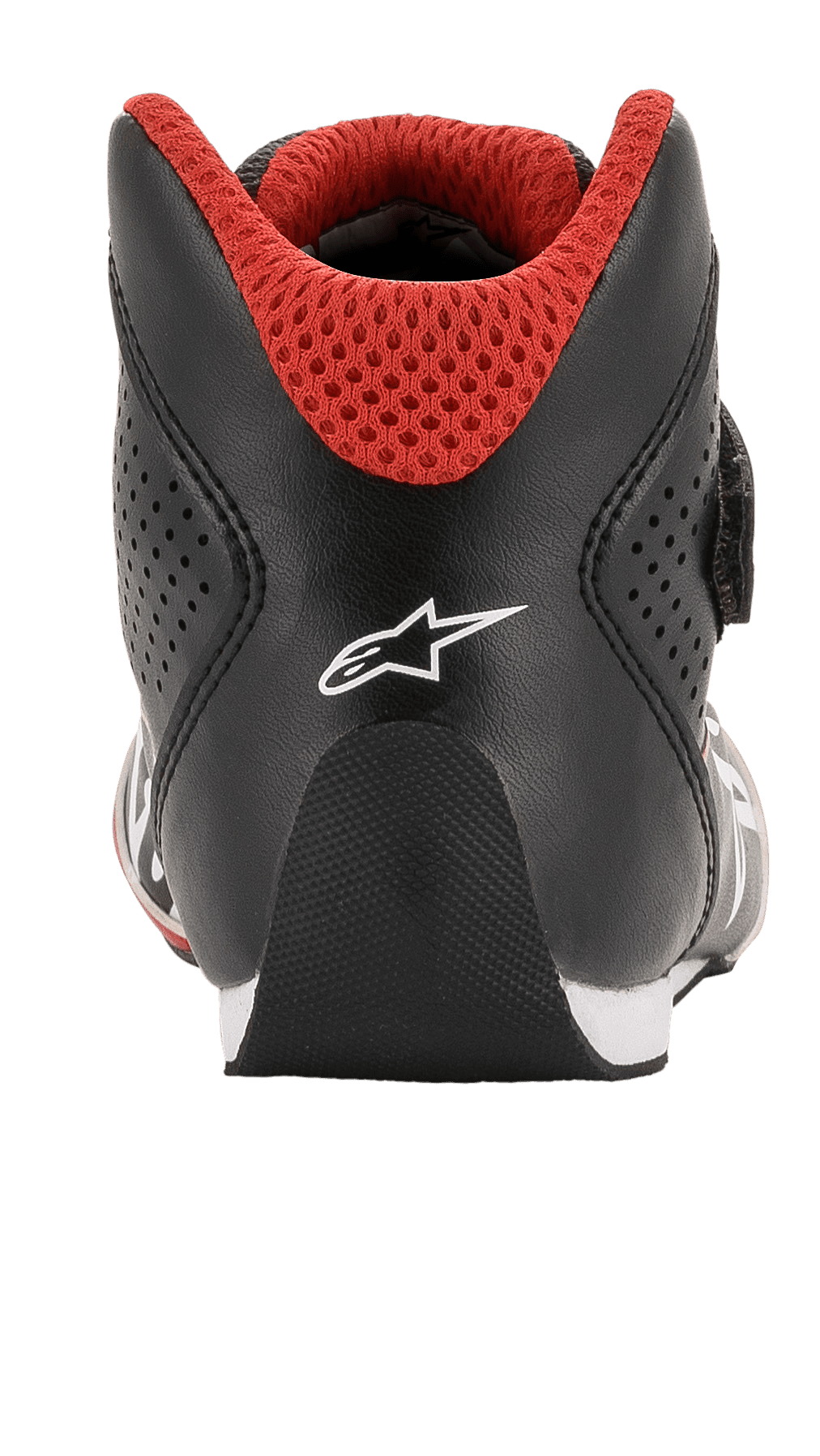 Alpinestars Youth Tech-1 K-sko, gokartsko, sort, hvid og rød, set bagfra med afrundet hæl, hvidt Alpinestars-logo og rød 3D-mesh-krave til gokartløb