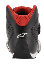 Alpinestars Youth Tech-1 K-sko, gokartsko, sort, hvid og rød, set bagfra med afrundet hæl, hvidt Alpinestars-logo og rød 3D-mesh-krave til gokartløb