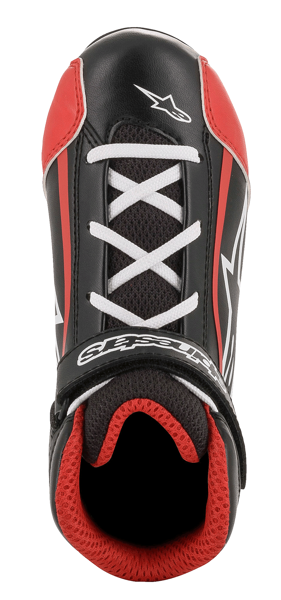 Alpinestars Youth Tech-1 K sko, karting-sko, sort, hvid og rød, set ovenfra med hvide krydssnørebånd, sort velcrolukning med logo, rød 3D-mesh-foring, holdbar mikrofiber- og mesh-konstruktion