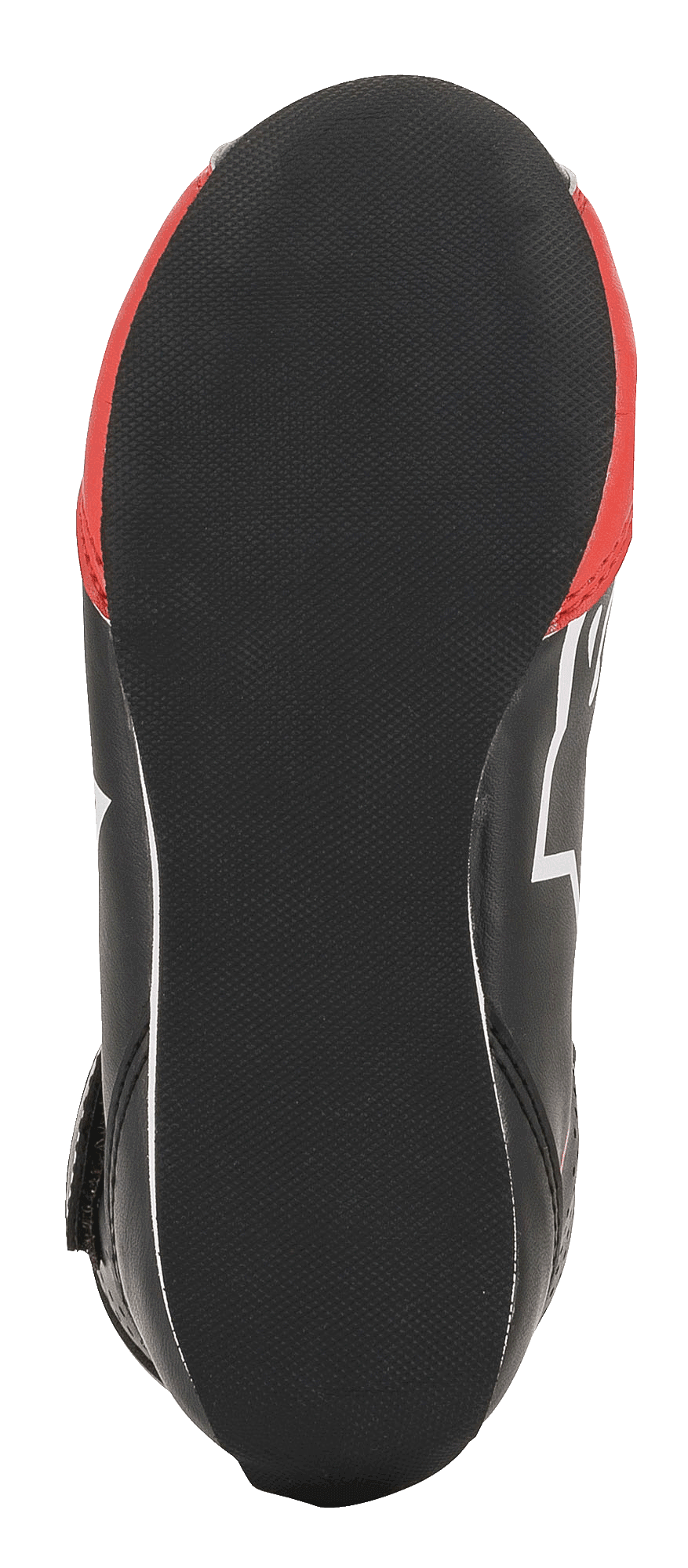 Alpinestars Youth Tech-1 K sko, kartingsko, sort, hvid og rød, set nedefra, viser den teksturerede sorte gummisål med en afrundet hæl for pedalsensitivitet og røde detaljer på siderne.